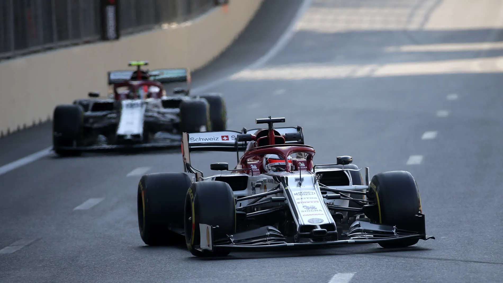 BAKU CITY CIRCUIT, AZERBAIJAN - APRIL 26: Kimi Raikkonen, Alfa Romeo Racing C38, leads Antonio Giovinazzi, Alfa Romeo Racing C38 during the Azerbaijan GP at Baku City Circuit on April 26, 2019 in Baku City Circuit, Azerbaijan. (Photo by Hasan Bratic / Sutton Images)