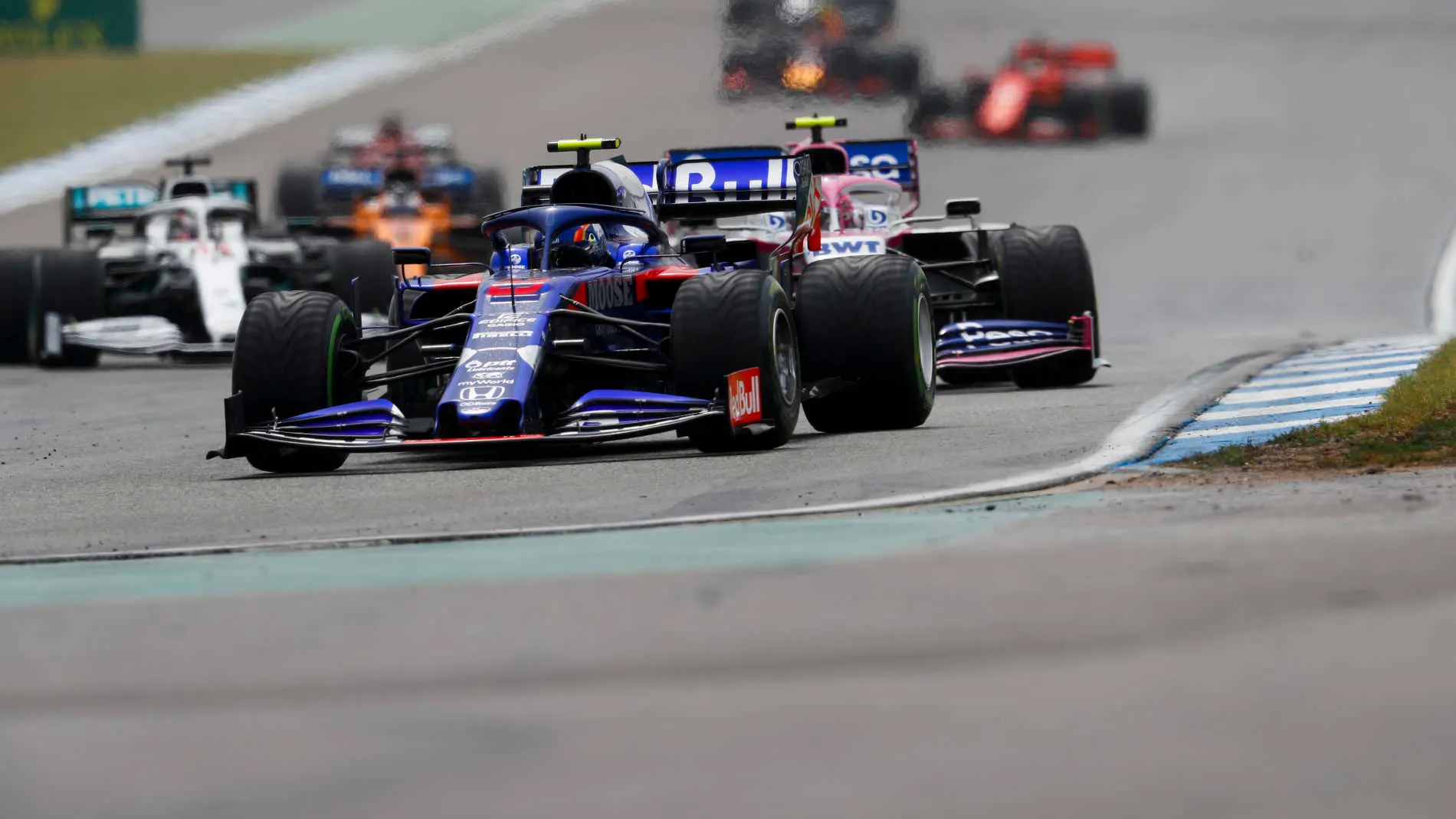 HOCKENHEIMRING, GERMANY - JULY 28: Alexander Albon, Toro Rosso STR14, leads Lance Stroll, Racing