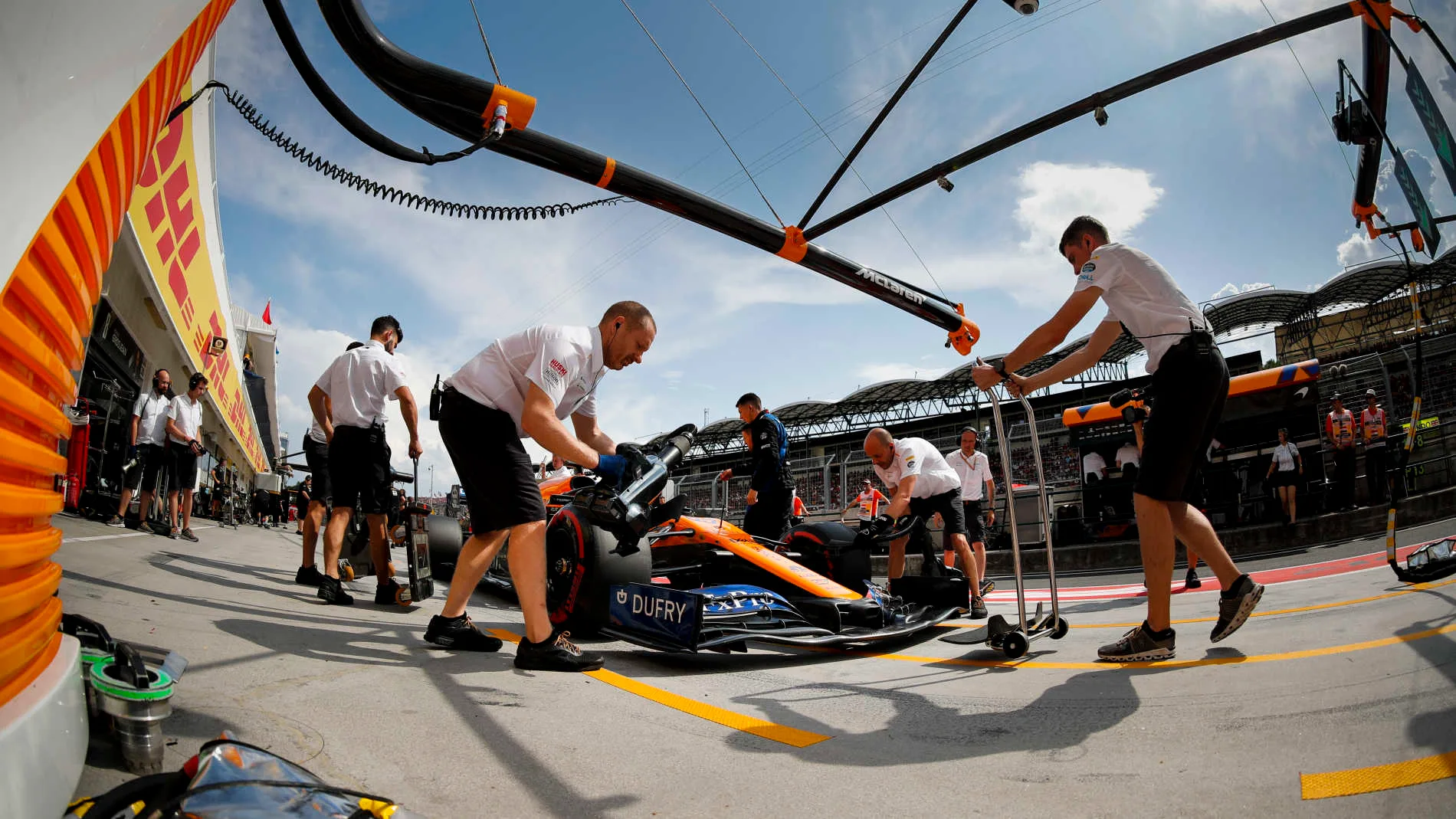 HUNGARORING, HUNGARY - AUGUST 03: Lando Norris, McLaren MCL34, in the pits during Qualifying during