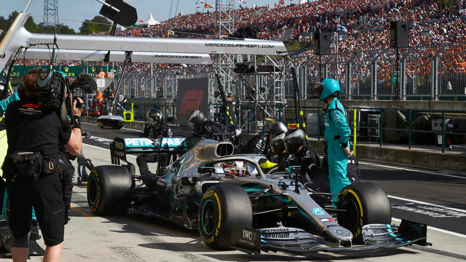 HUNGARORING, HUNGARY - AUGUST 04: Lewis Hamilton, Mercedes AMG F1 W10, leaves his pit box after a