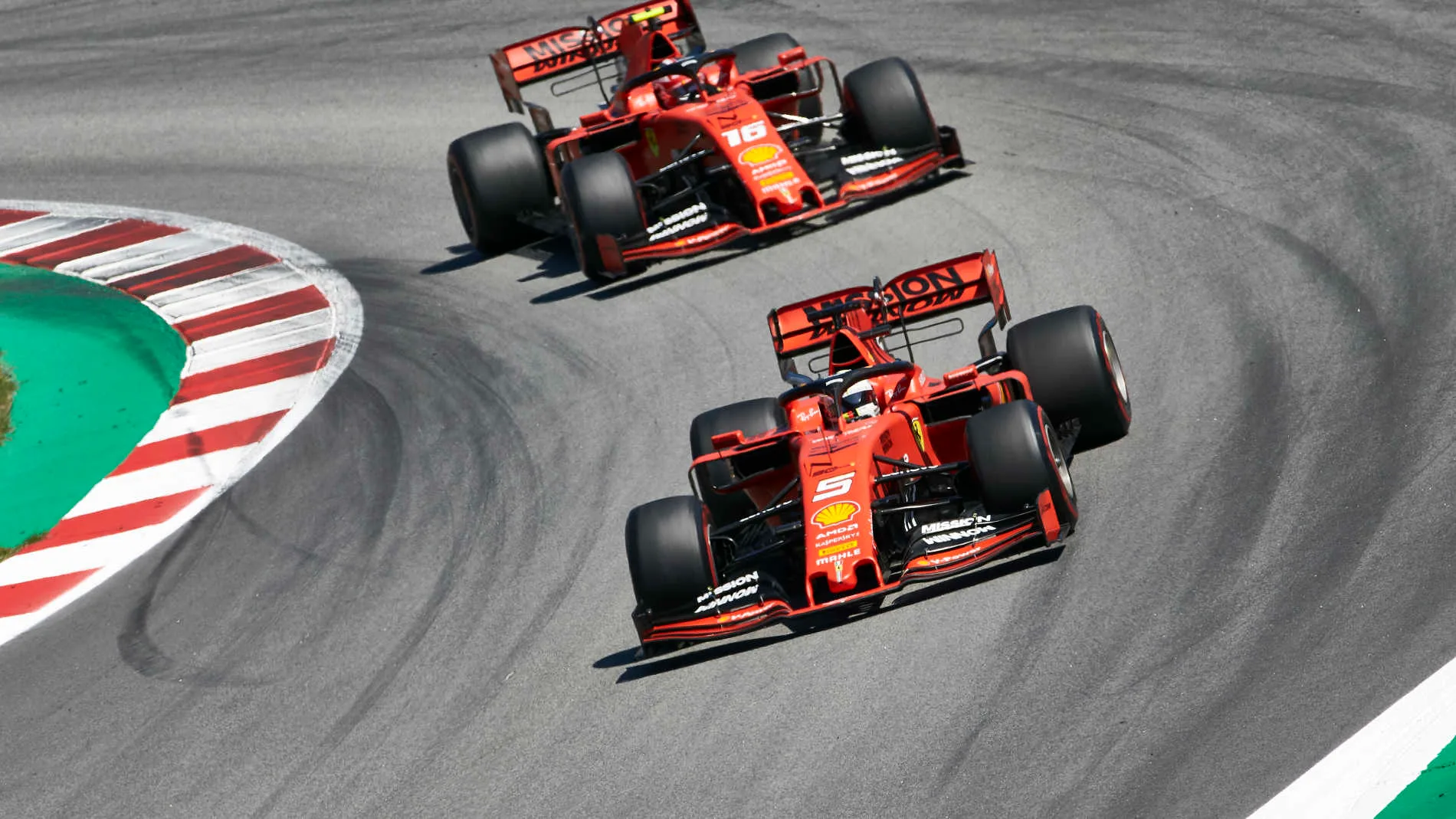 CIRCUIT DE BARCELONA-CATALUNYA, SPAIN - MAY 12: Sebastian Vettel, Ferrari SF90, leads Charles