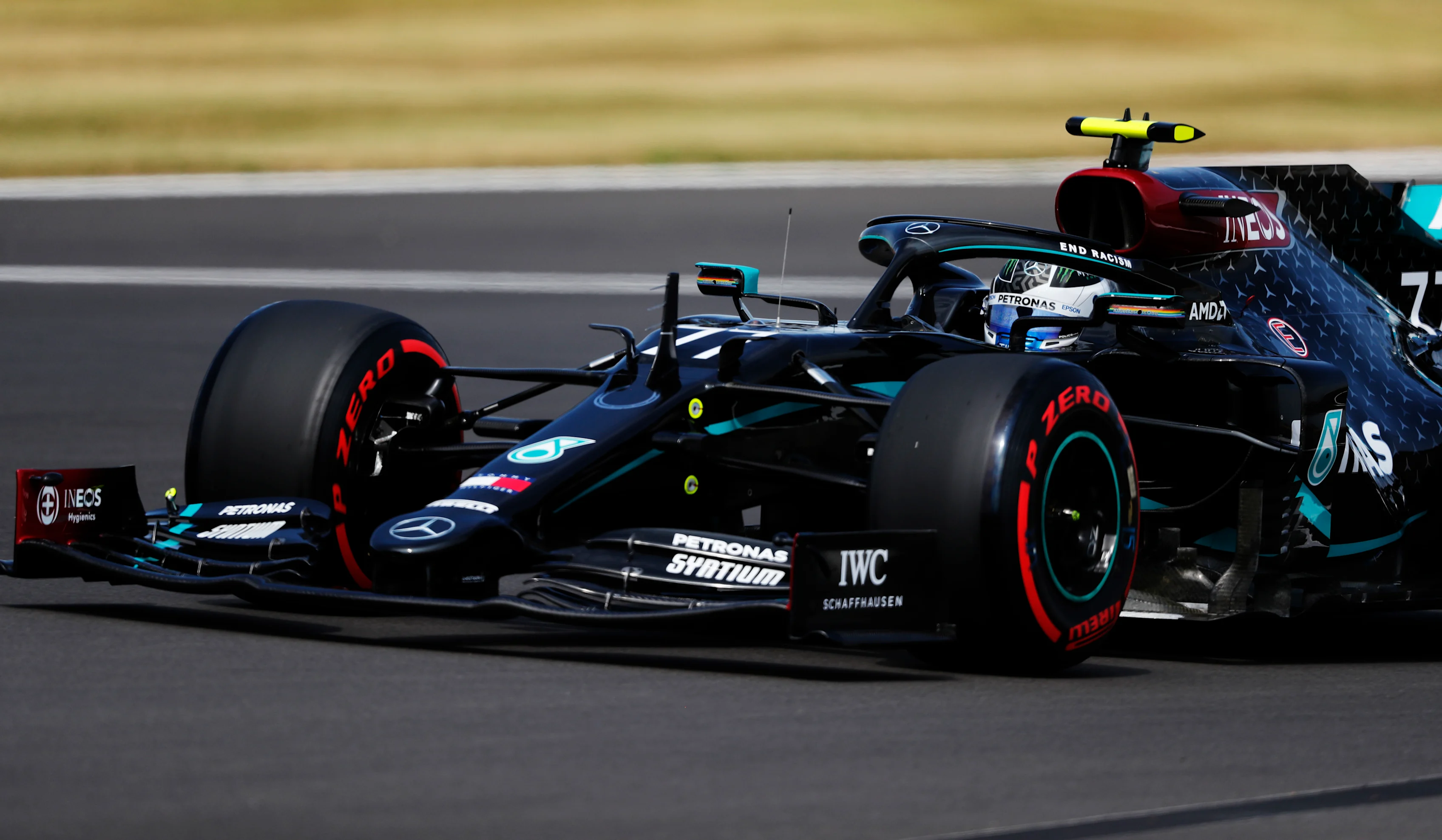 NORTHAMPTON, ENGLAND - AUGUST 08: Valtteri Bottas of Finland driving the (77) Mercedes AMG Petronas