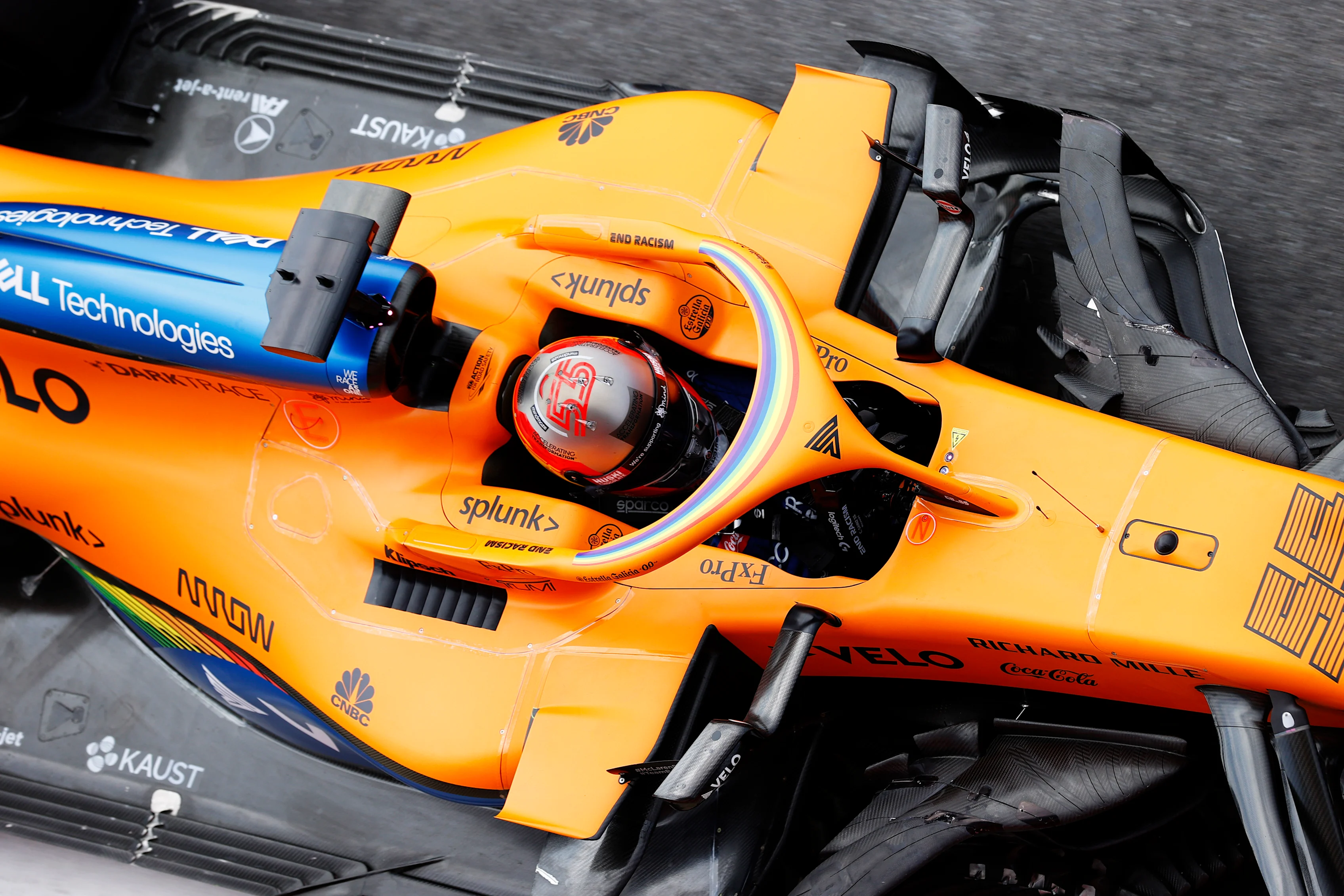 NORTHAMPTON, ENGLAND - AUGUST 08: Carlos Sainz of Spain driving the (55) McLaren F1 Team MCL35