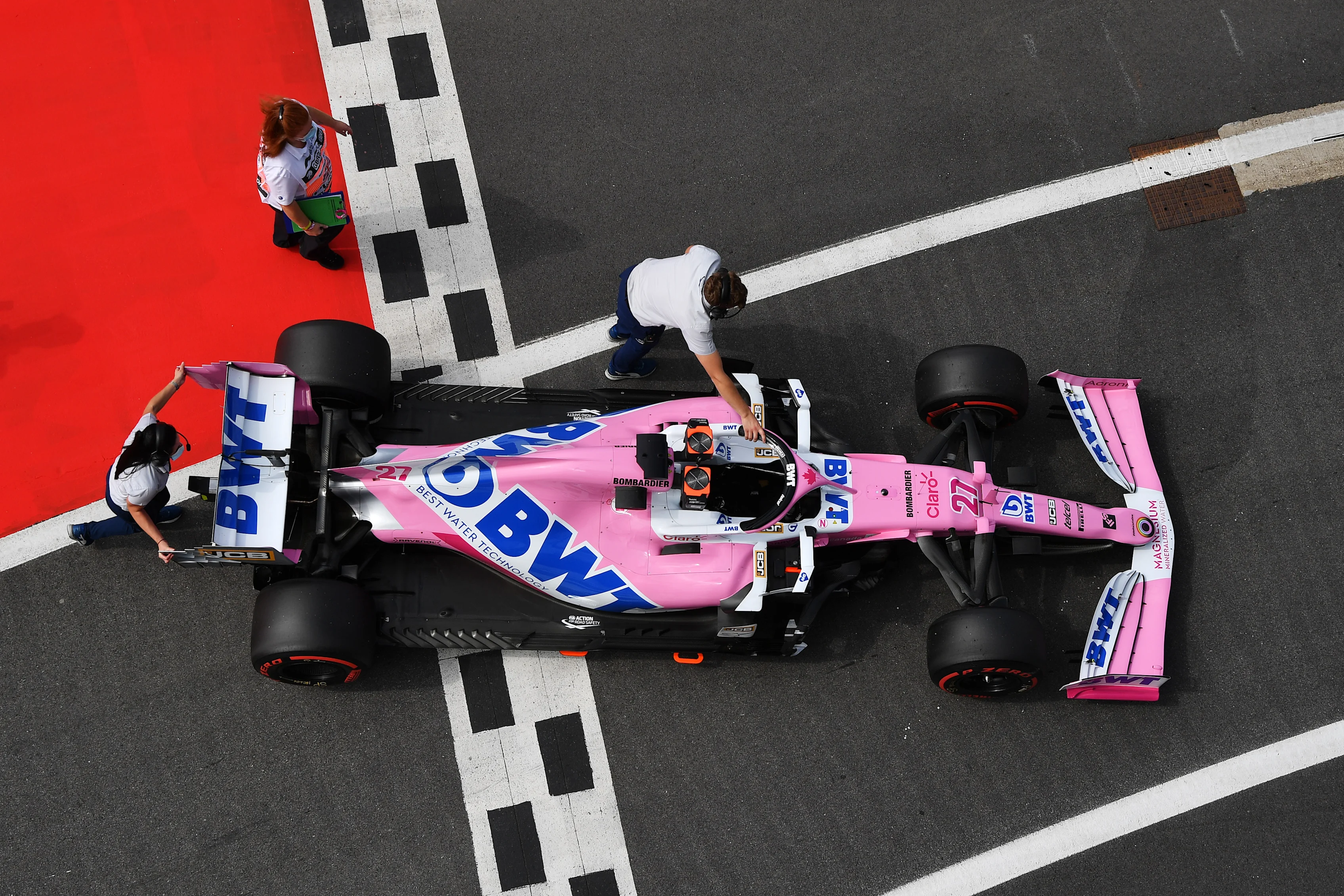 NORTHAMPTON, ENGLAND - AUGUST 08: The car of Nico Hulkenberg of Germany and Racing Point is pushed
