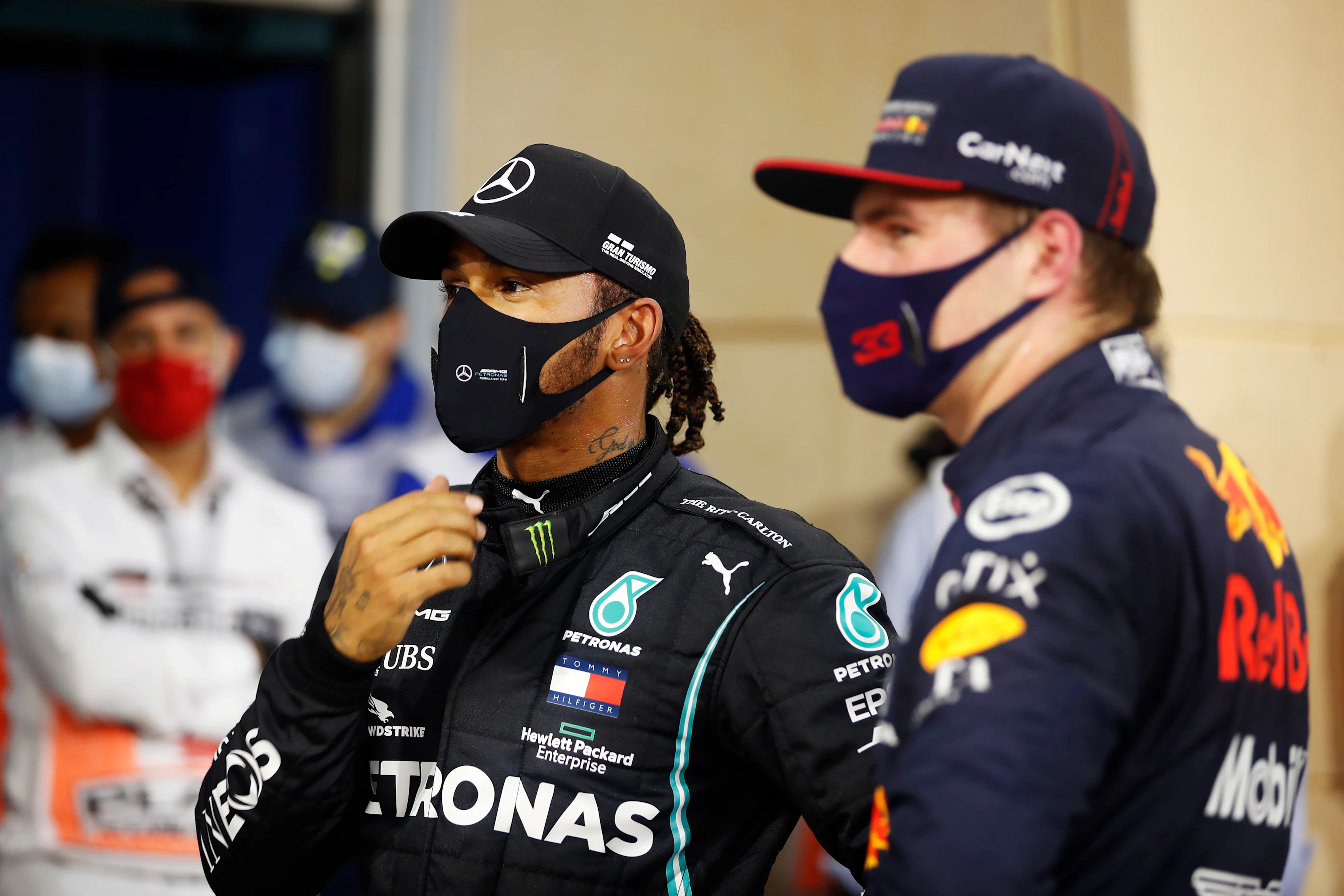 BAHRAIN, BAHRAIN - NOVEMBER 28: Pole position qualifier Lewis Hamilton of Great Britain and