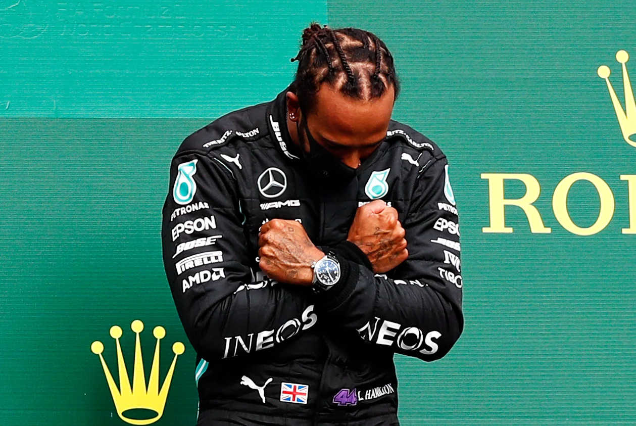 SPA, BELGIUM - AUGUST 30: Race winner Lewis Hamilton of Great Britain and Mercedes GP celebrates on
