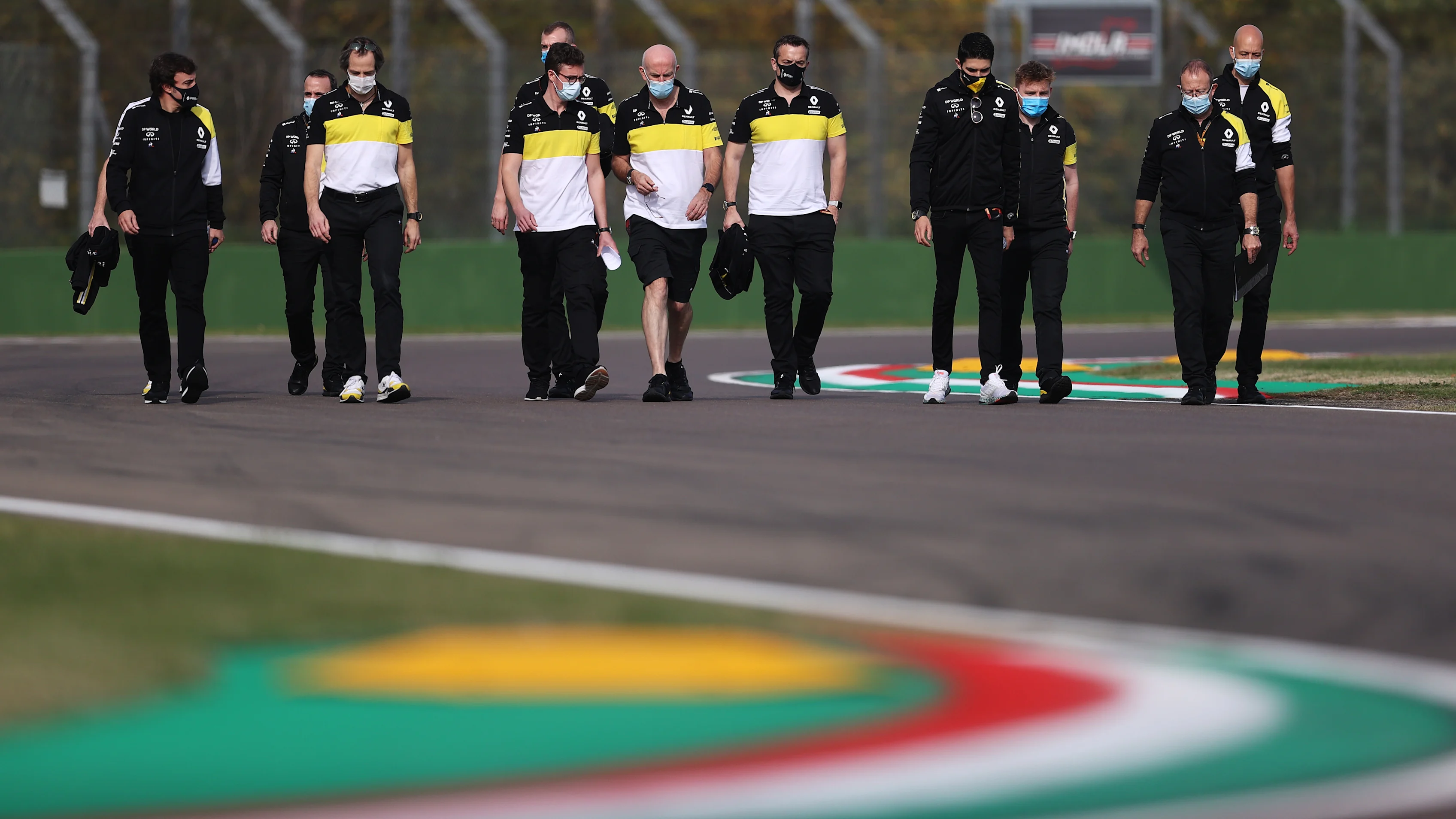 IMOLA, ITALY - OCTOBER 30: Fernando Alonso of Spain and Renault Sport F1 (left) and Esteban Ocon of