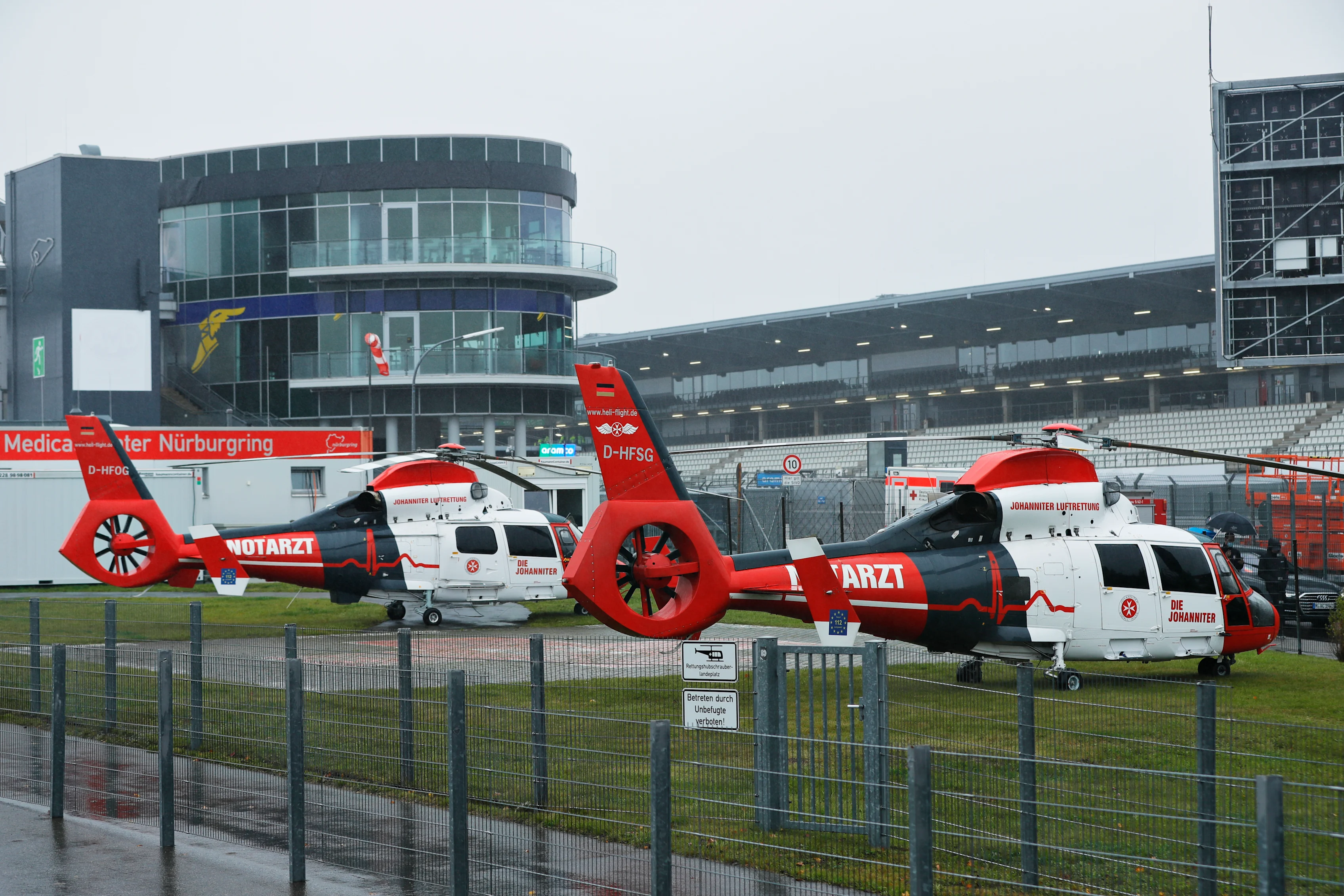 NUERBURG, GERMANY - OCTOBER 09: The medical helicopter is pictured outside the medical centre in