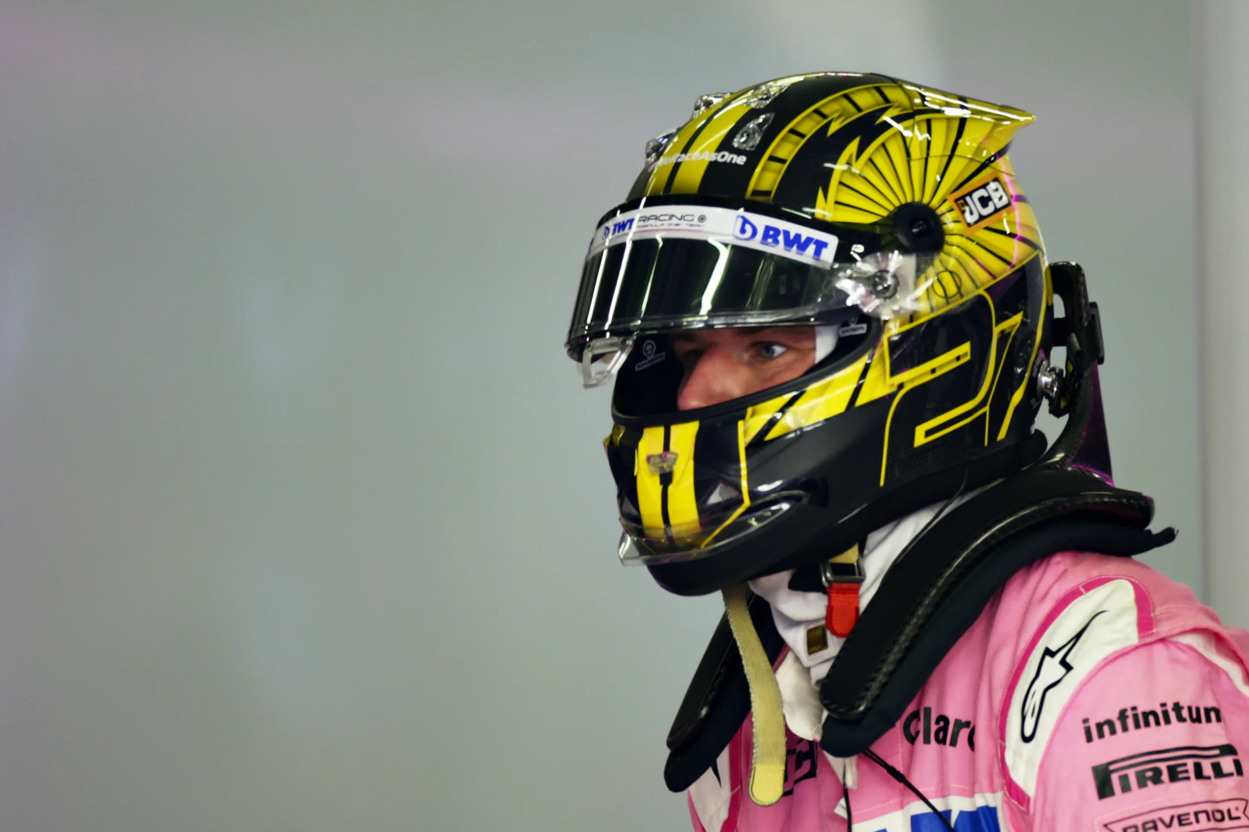 NUERBURG, GERMANY - OCTOBER 10: Nico Hulkenberg of Germany and Racing Point looks on in the garage during qualifying ahead of the F1 Eifel Grand Prix at Nuerburgring on October 10, 2020 in Nuerburg, Germany. (Photo by Peter Fox/Getty Images)