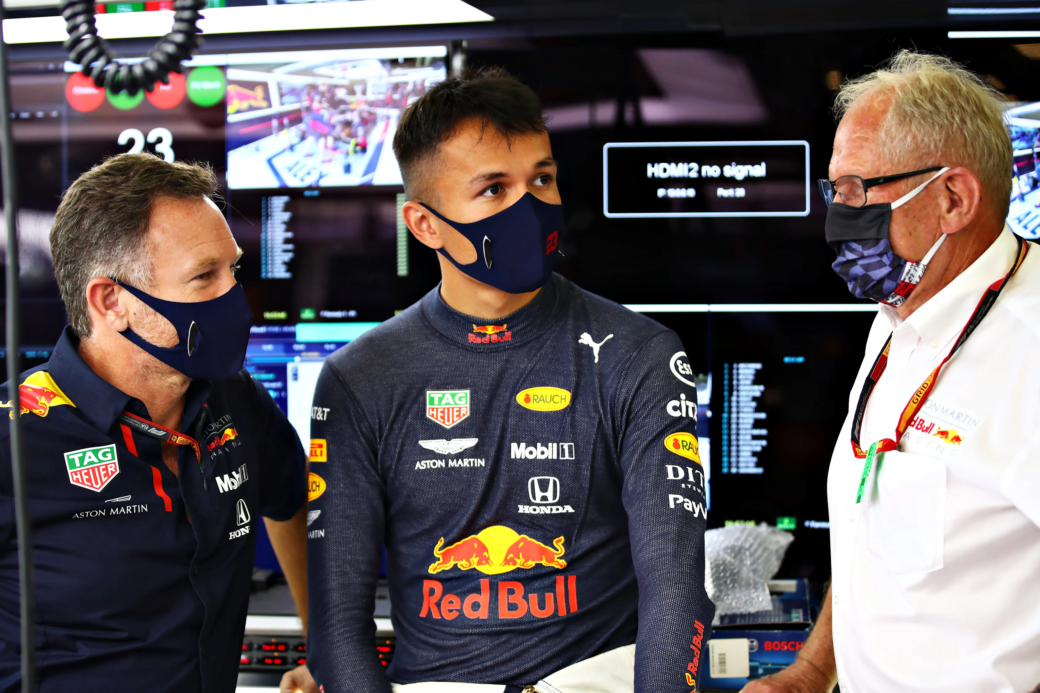 NORTHAMPTON, ENGLAND - JULY 31: Red Bull Racing Team Principal Christian Horner, Alexander Albon of