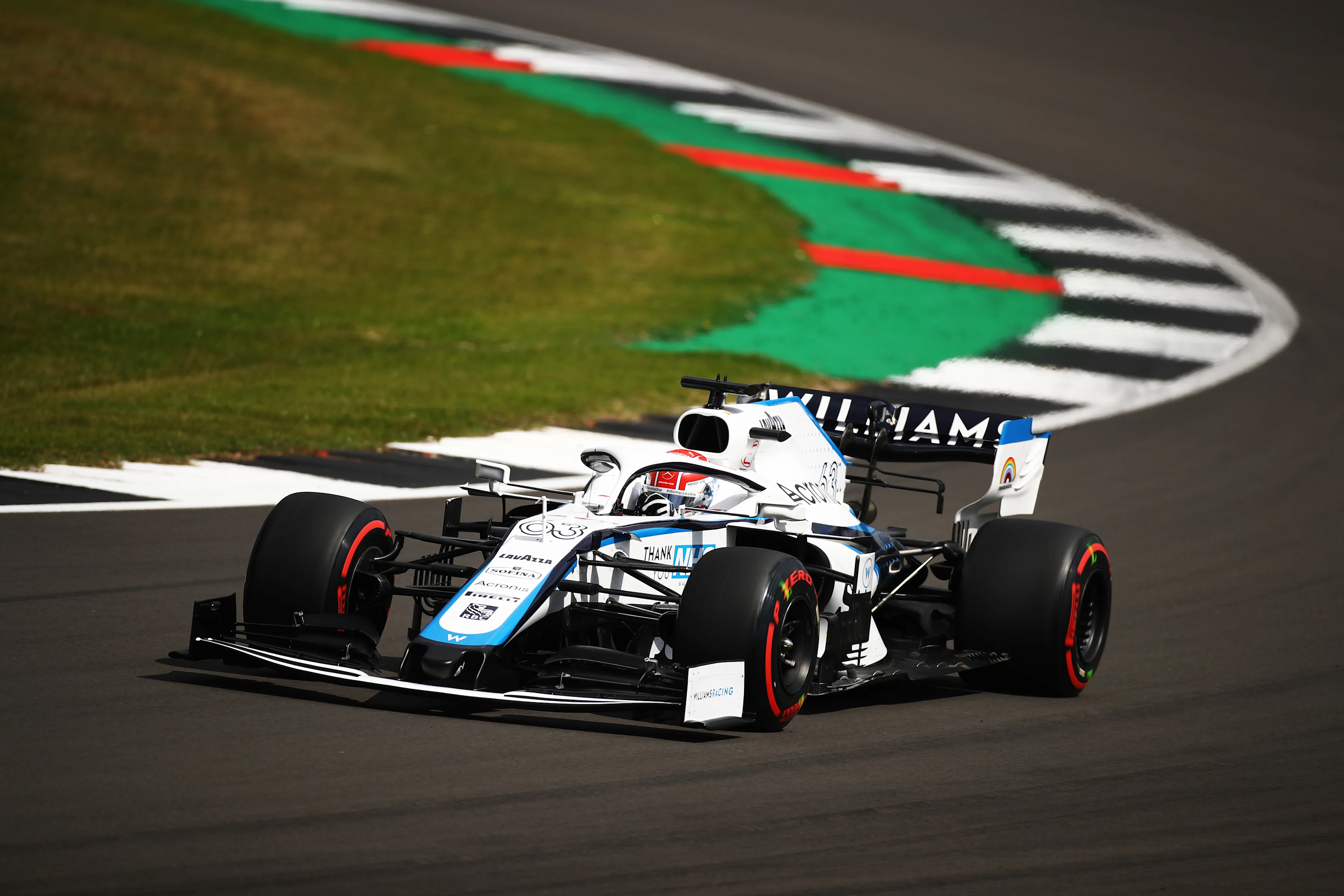 NORTHAMPTON, ENGLAND - AUGUST 01: George Russell of Great Britain driving the (63) Williams Racing