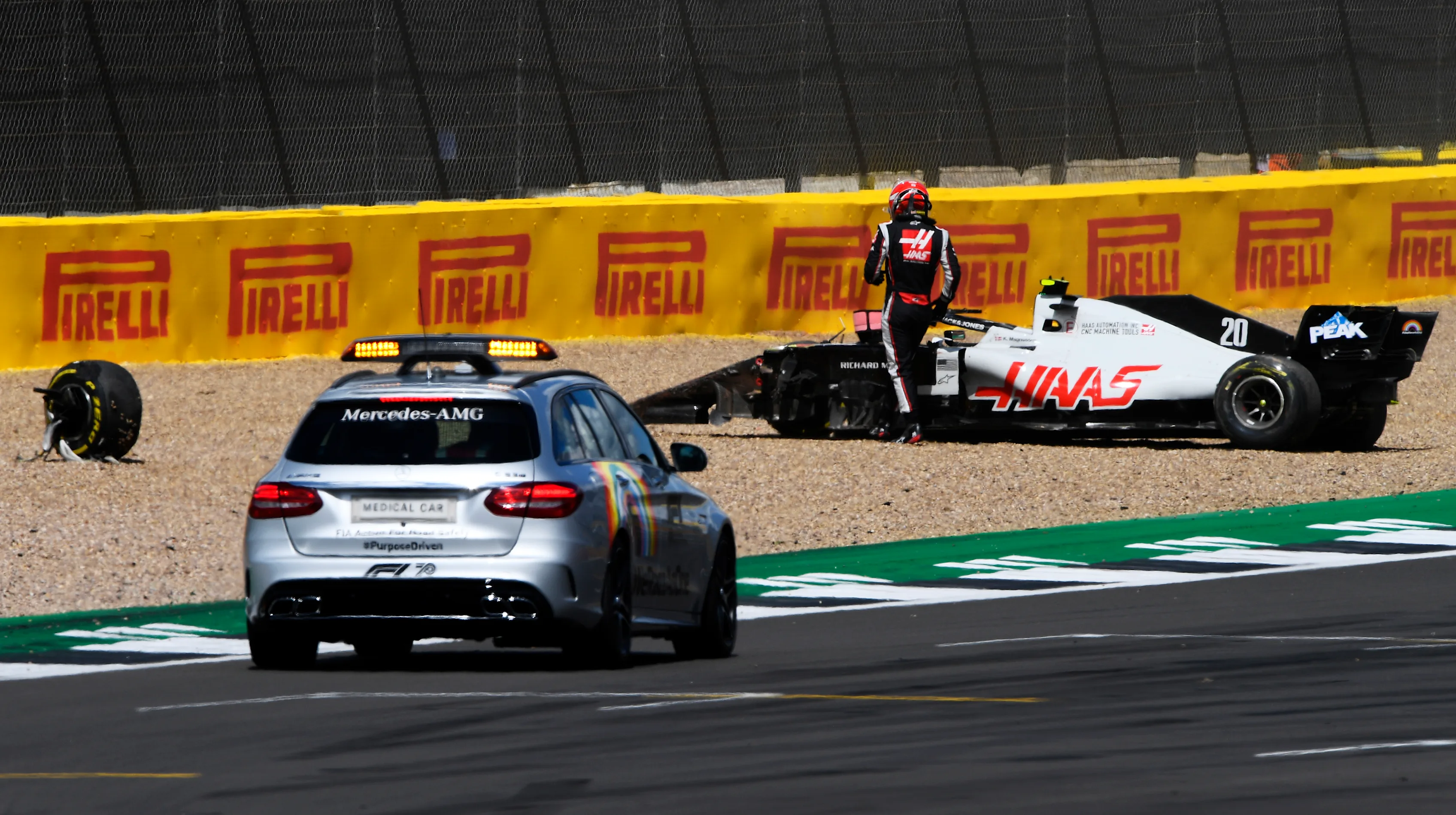 NORTHAMPTON, ENGLAND - AUGUST 02: Kevin Magnussen of Denmark driving the (20) Haas F1 Team VF-20