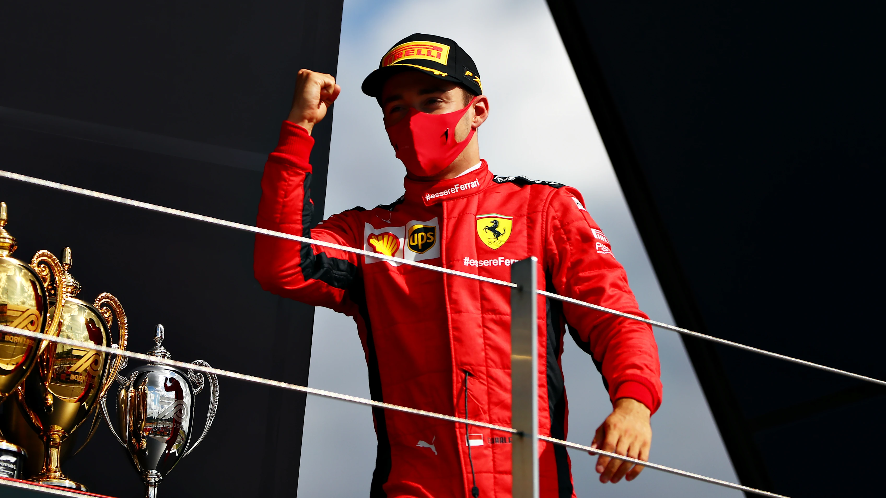 NORTHAMPTON, ENGLAND - AUGUST 02: Third placed Charles Leclerc of Monaco and Ferrari celebrates on