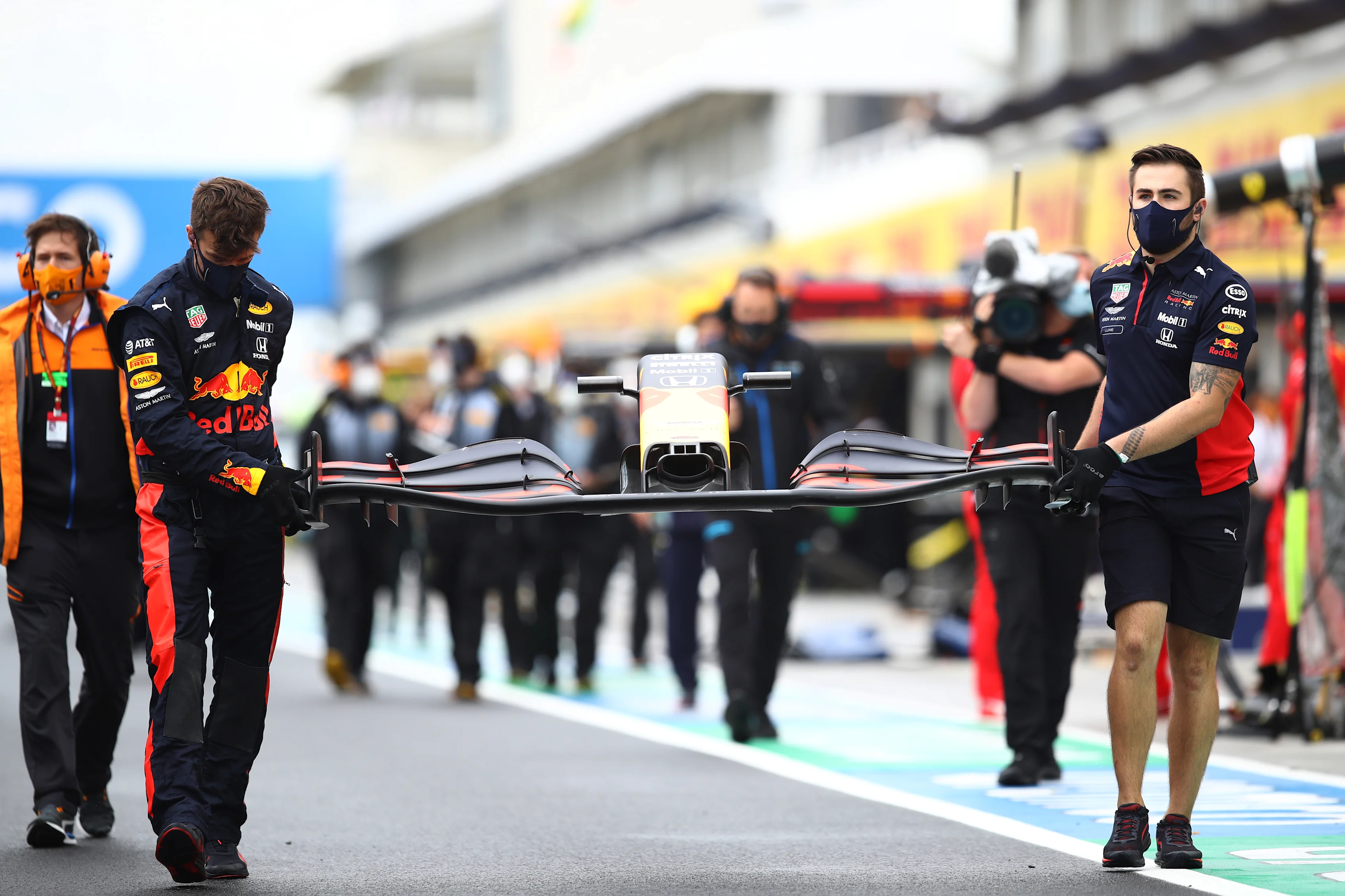 BUDAPEST, HUNGARY - JULY 19: The Red Bull Racing team bring a new front wing after Max Verstappen