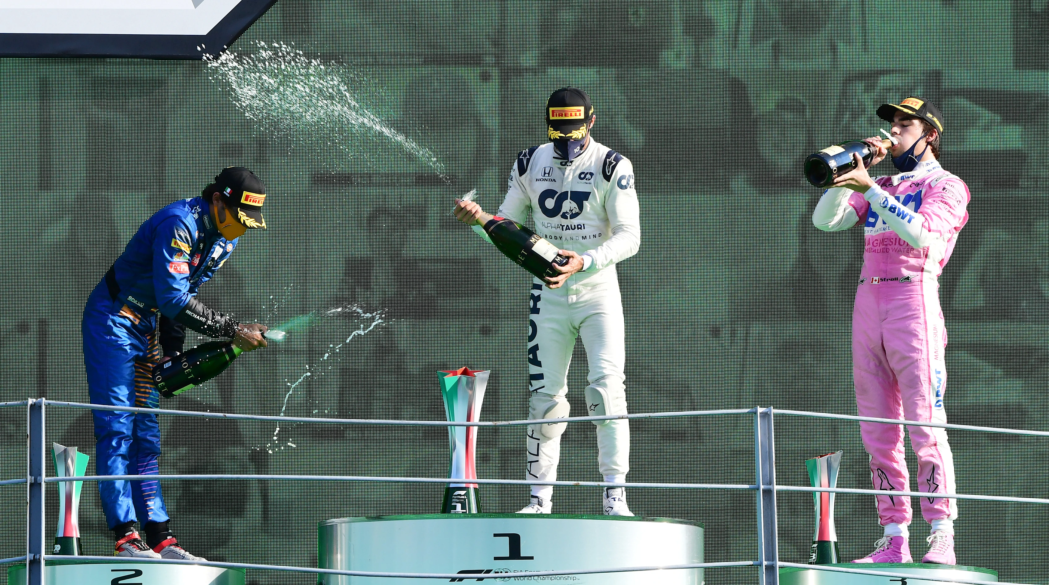 MONZA, ITALY - SEPTEMBER 06: Race winner Pierre Gasly of France and Scuderia AlphaTauri, second