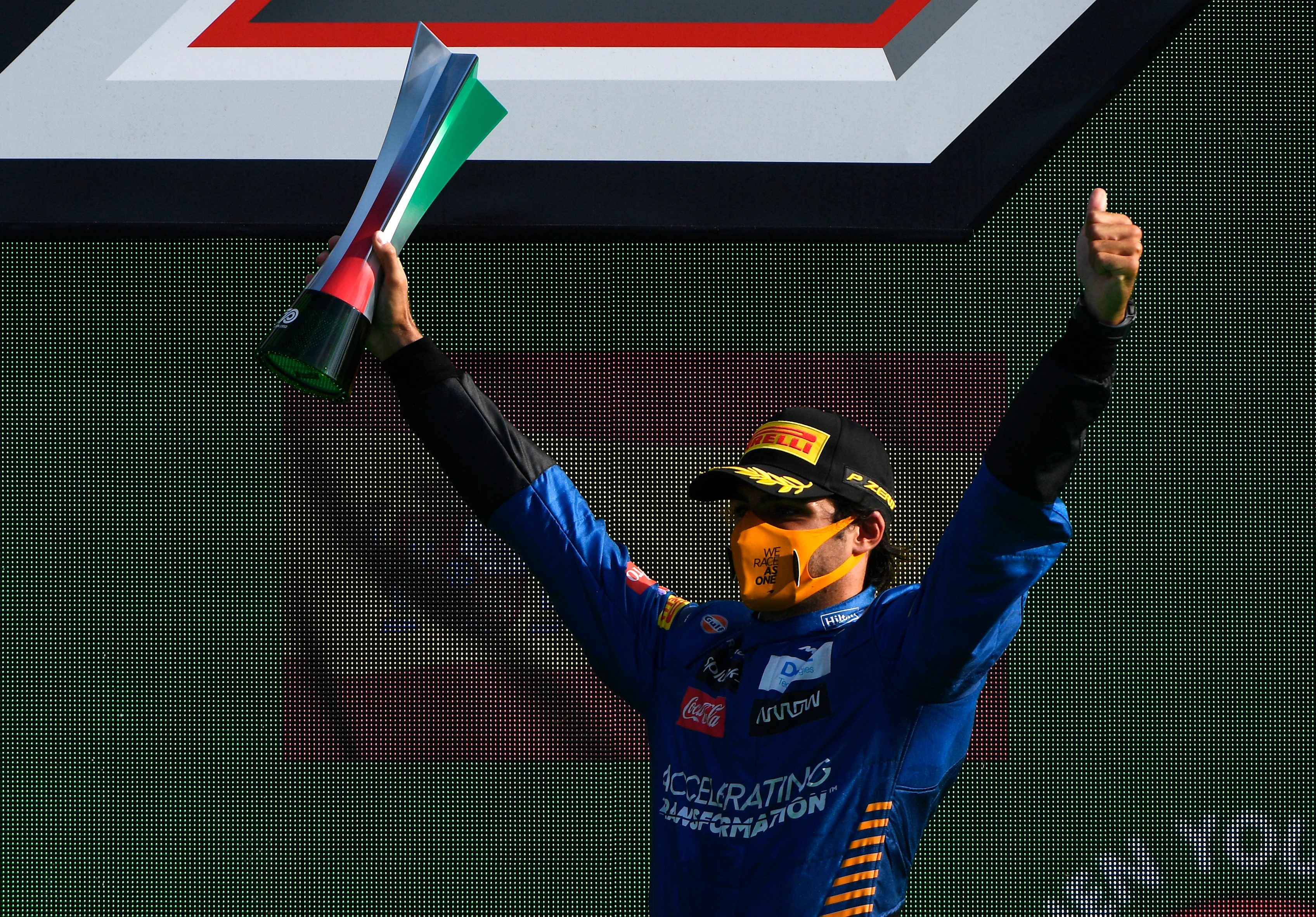 MONZA, ITALY - SEPTEMBER 06: Second placed Carlos Sainz of Spain and McLaren F1 celebrates on the