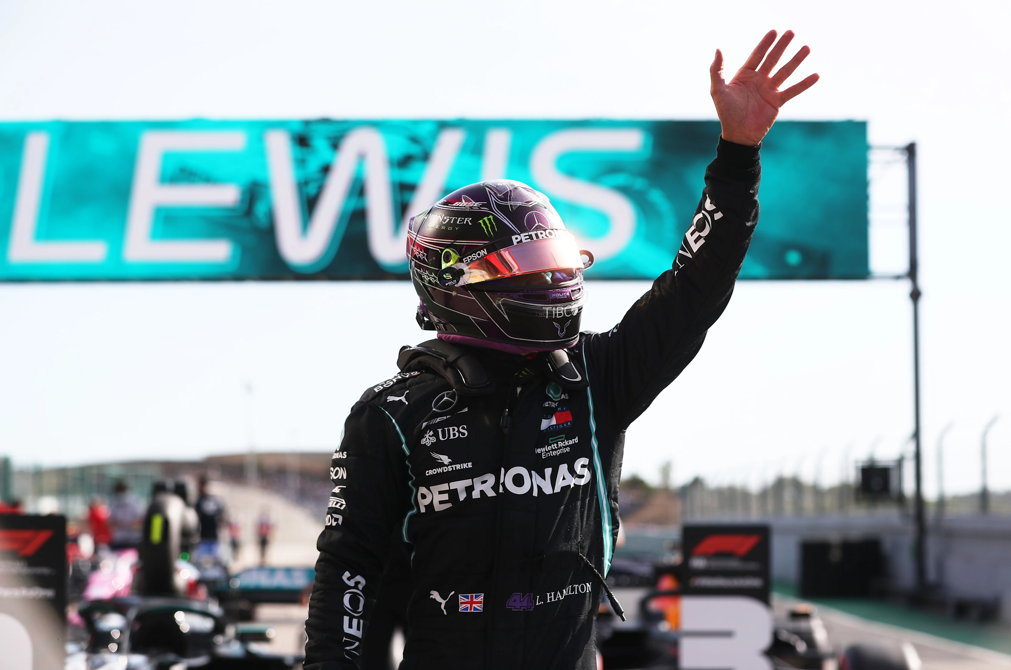 PORTIMAO, PORTUGAL - OCTOBER 24: Pole position qualifier Lewis Hamilton of Great Britain and Mercedes GP celebrates in parc ferme during qualifying ahead of the F1 Grand Prix of Portugal at Autodromo Internacional do Algarve on October 24, 2020 in Portimao, Portugal. (Photo by Jose Sena Goulao - Pool/Getty Images)