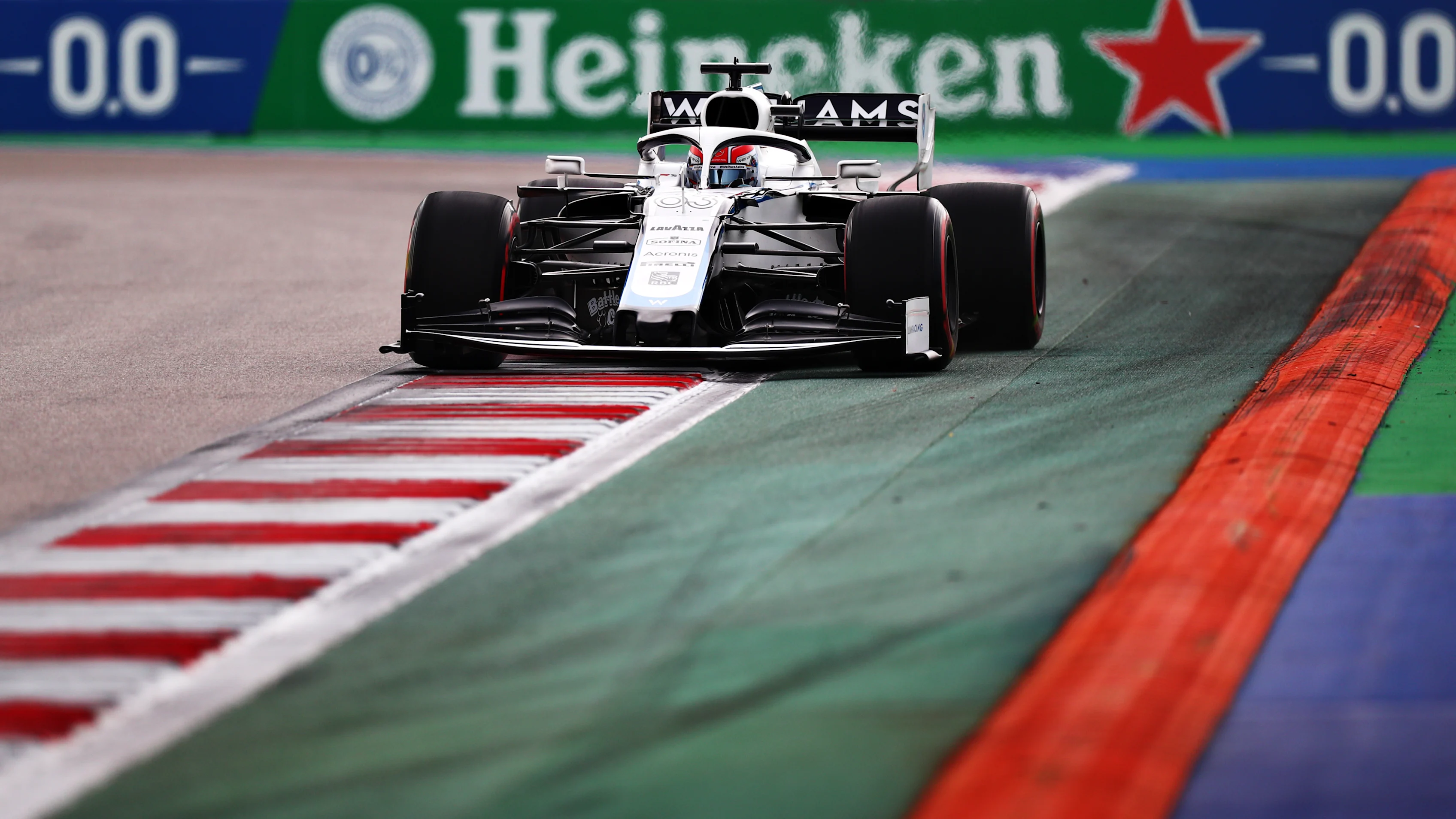 SOCHI, RUSSIA - SEPTEMBER 26: George Russell of Great Britain driving the (63) Williams Racing FW43 Mercedes during qualifying ahead of the F1 Grand Prix of Russia at Sochi Autodrom on September 26, 2020 in Sochi, Russia. (Photo by Dan Istitene - Formula 1/Formula 1 via Getty Images)