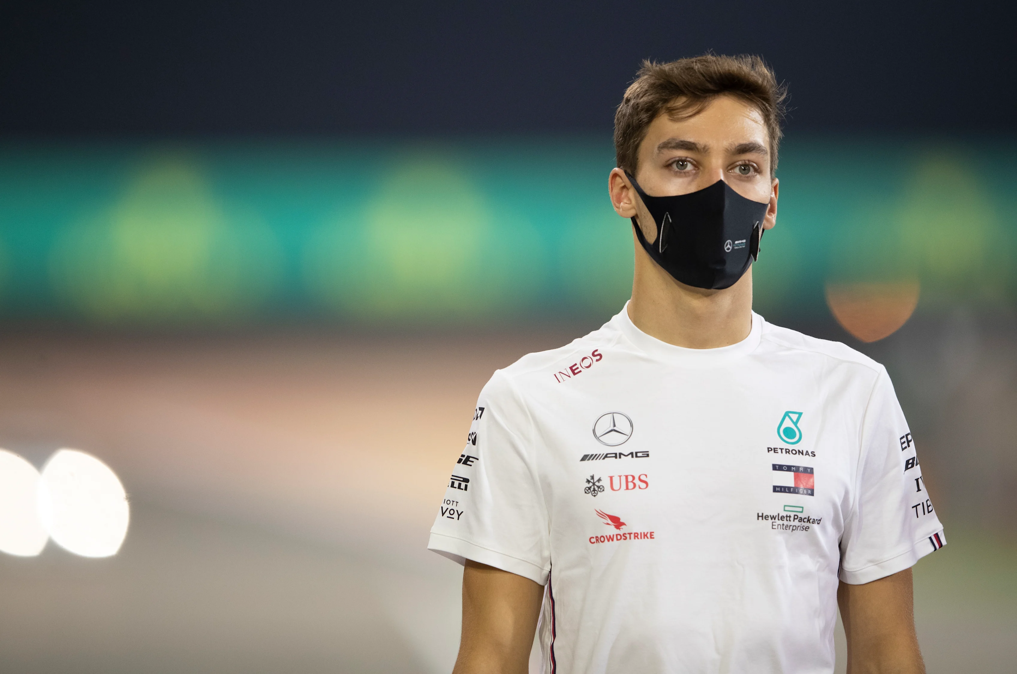 BAHRAIN, BAHRAIN - DECEMBER 02: F1 driver George Russell of Great Britain inspects the track with