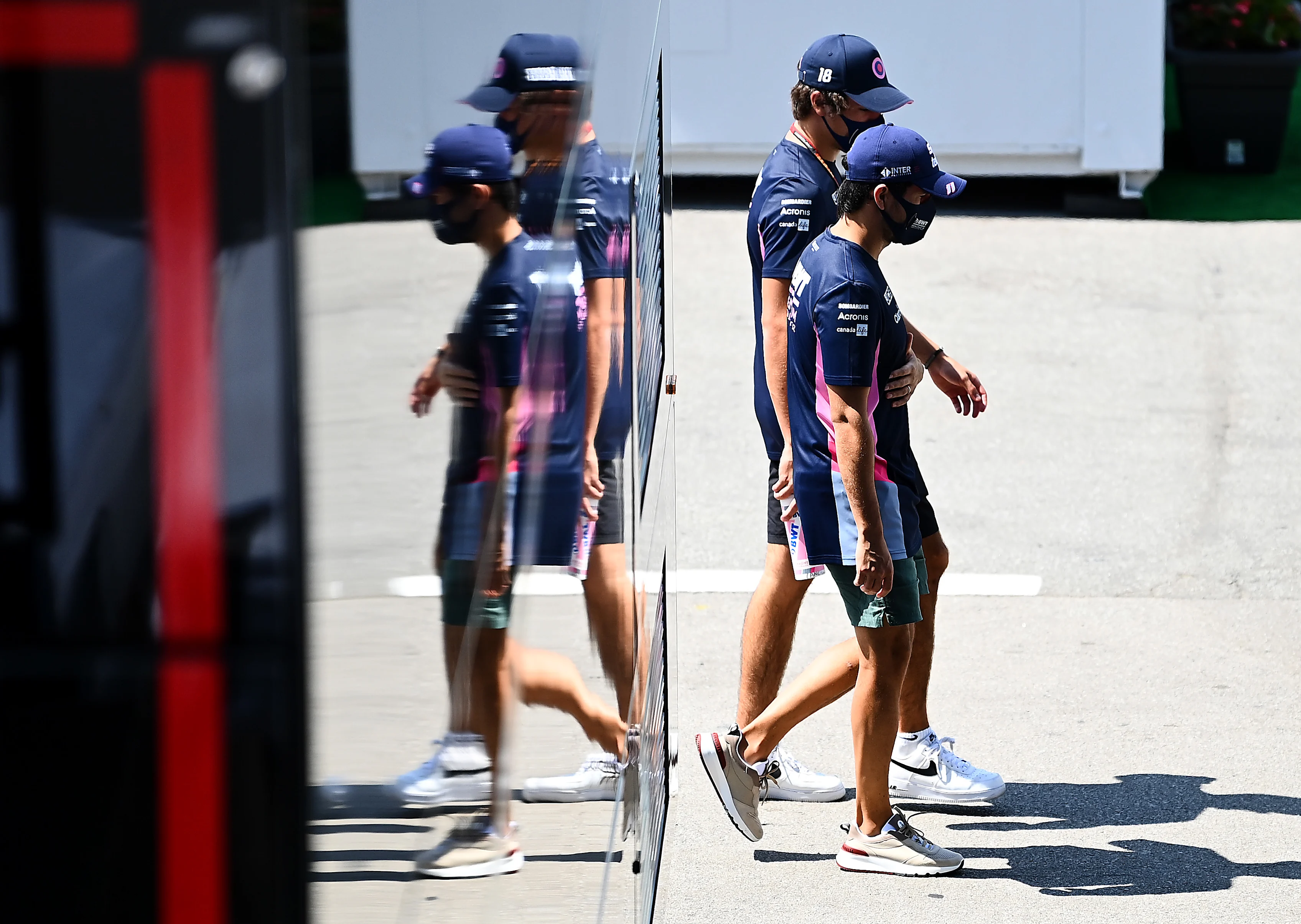 BARCELONA, SPAIN - AUGUST 13: Sergio Perez of Mexico and Racing Point and Lance Stroll of Canada