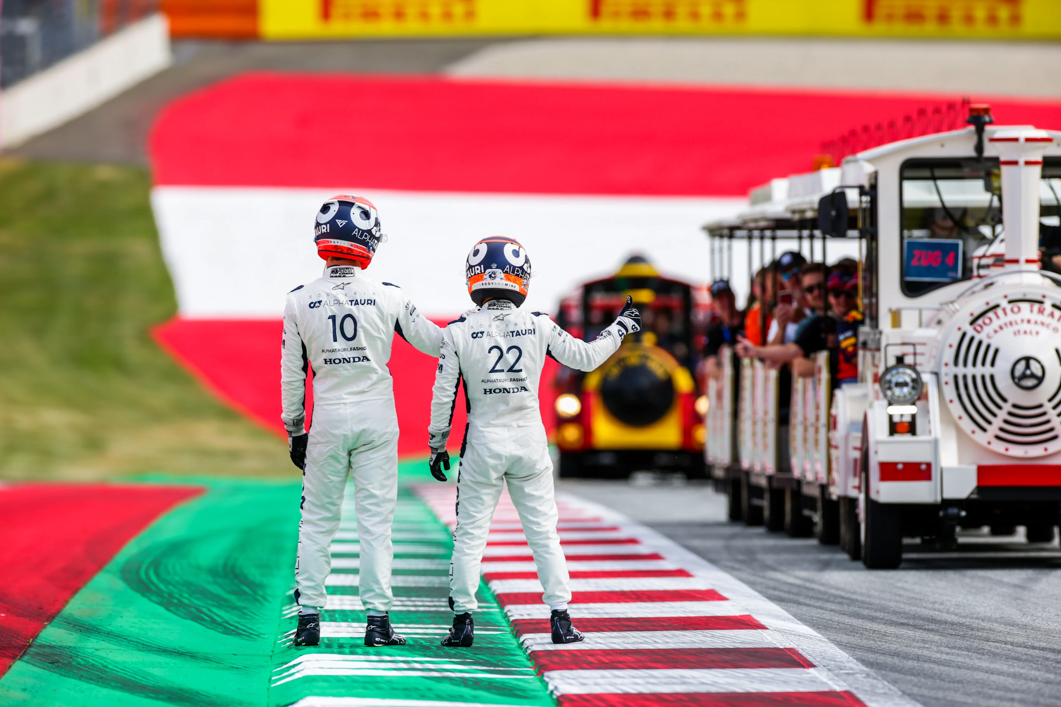 SPIELBERG, AUSTRIA - JULY 01: Pierre Gasly of Scuderia AlphaTauri and France with Yuki Tsunoda of