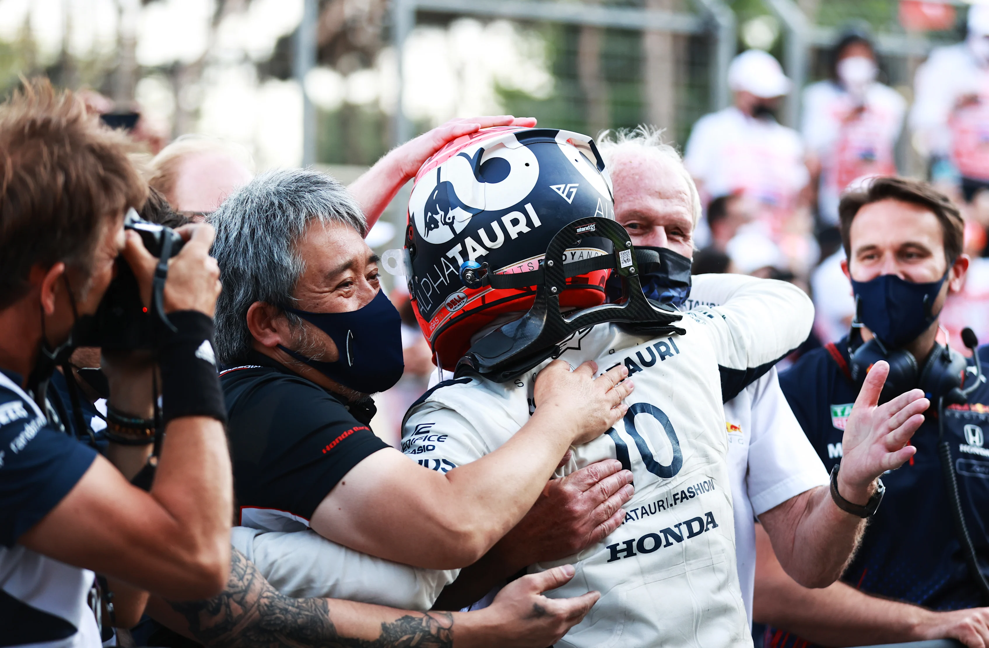 BAKU, AZERBAIJAN - JUNE 06: Third placed Pierre Gasly of France and Scuderia AlphaTauri celebrates