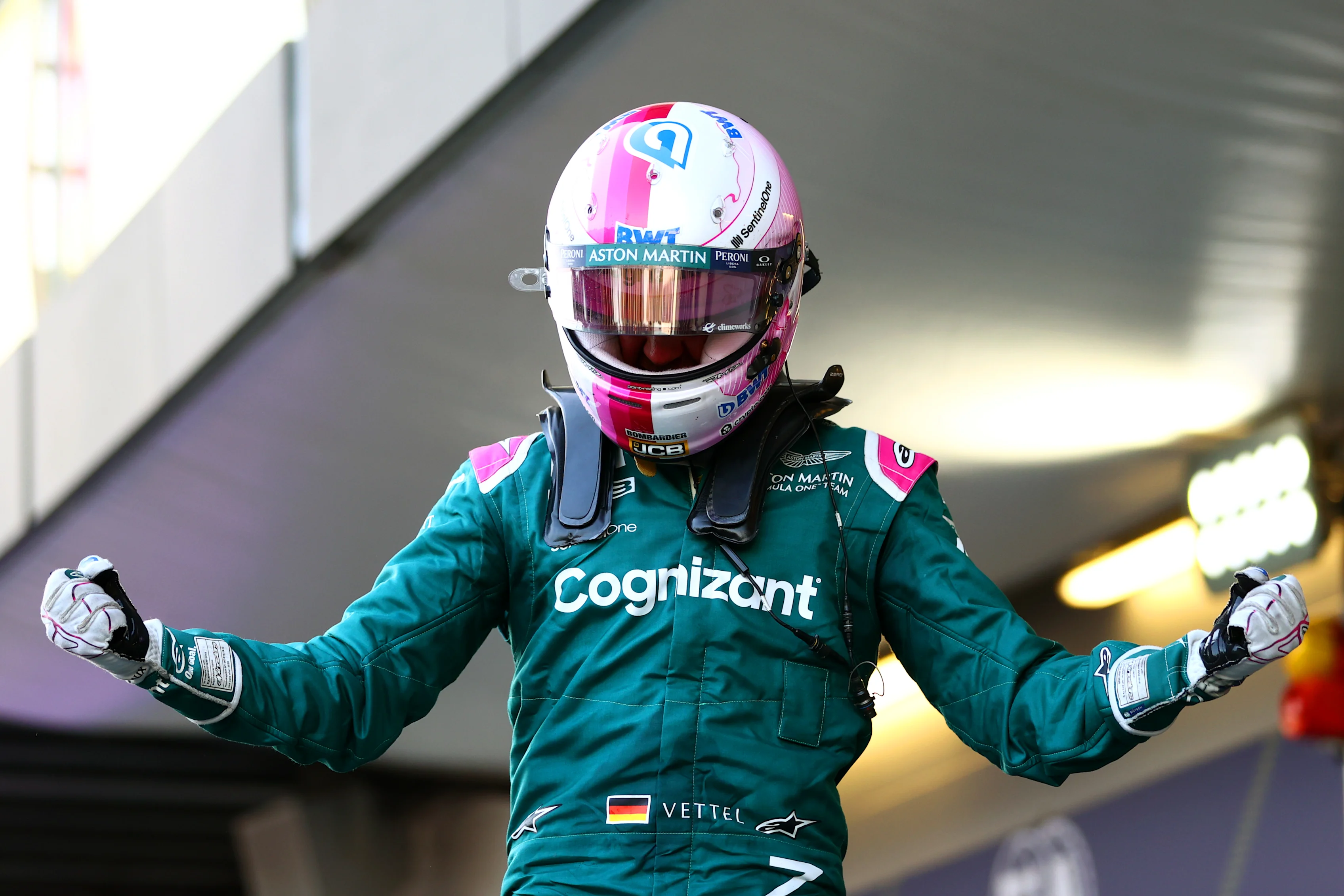 BAKU, AZERBAIJAN - JUNE 06: Sebastian Vettel of Germany and Aston Martin celebrates in parc ferme
