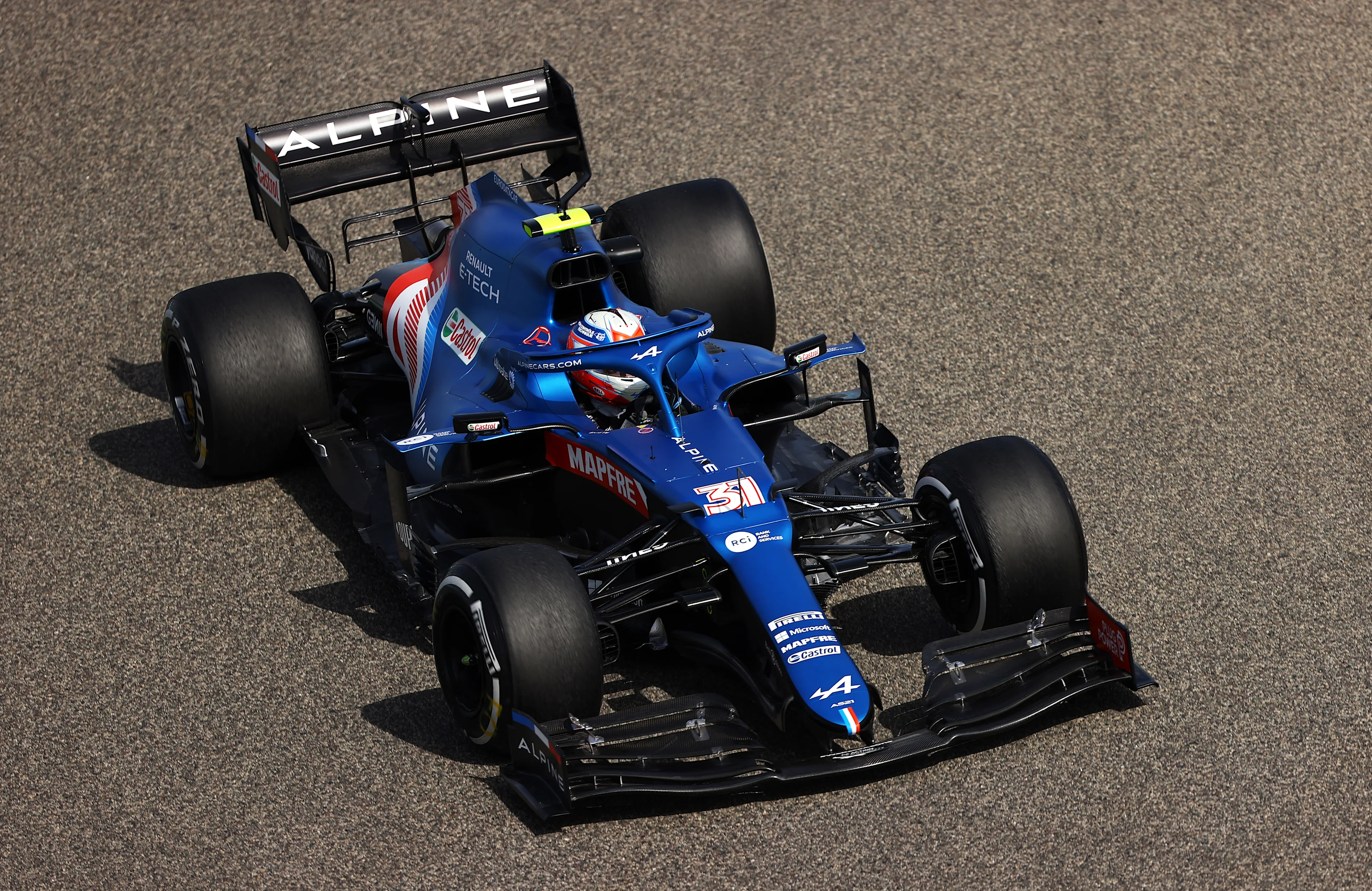BAHRAIN, BAHRAIN - MARCH 26: Esteban Ocon of France driving the (31) Alpine A521 Renault on track during practice ahead of the F1 Grand Prix of Bahrain at Bahrain International Circuit on March 26, 2021 in Bahrain, Bahrain. (Photo by Bryn Lennon/Getty Images)