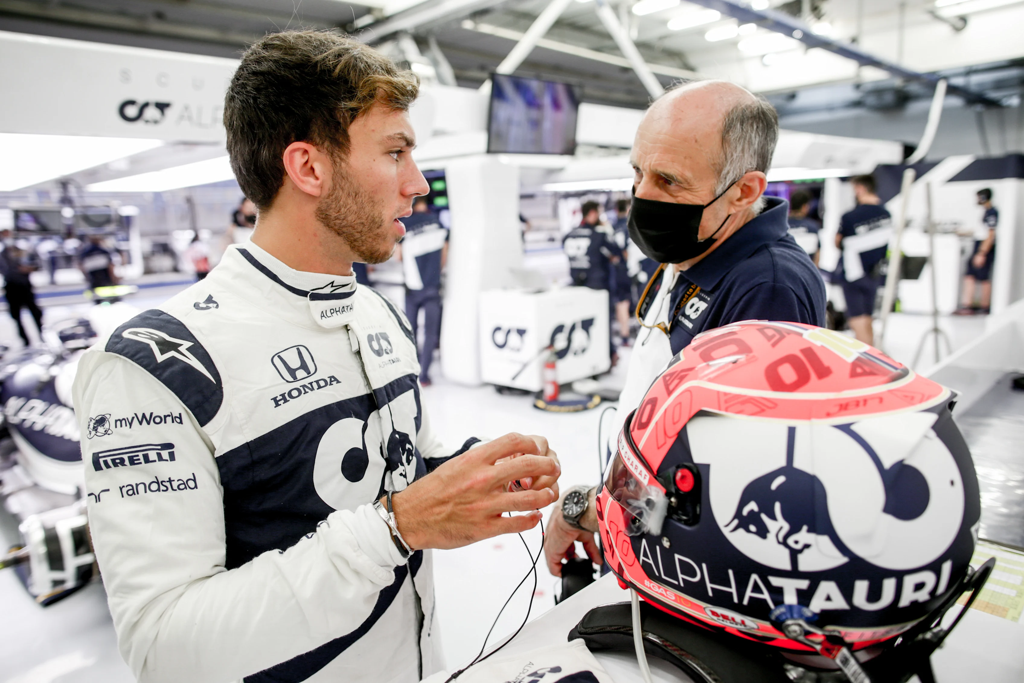 BAHRAIN, BAHRAIN - MARCH 26: Pierre Gasly of Scuderia AlphaTauri and France with Franz Tost of
