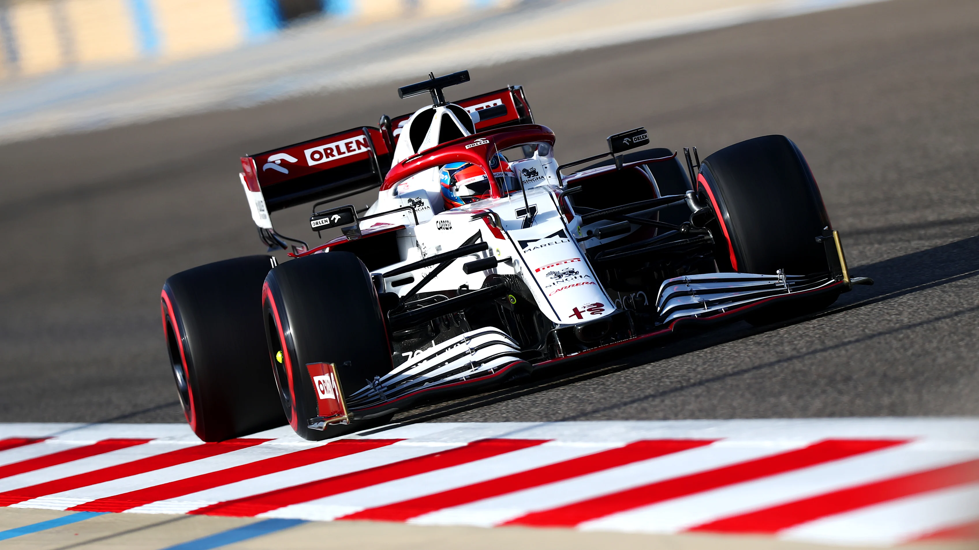 BAHRAIN, BAHRAIN - MARCH 27:  Kimi Raikkonen of Finland driving the (7) Alfa Romeo Racing C41 Ferrari during qualifying ahead of the F1 Grand Prix of Bahrain at Bahrain International Circuit on March 27, 2021 in Bahrain, Bahrain. (Photo by Dan Istitene - Formula 1/Formula 1 via Getty Images)