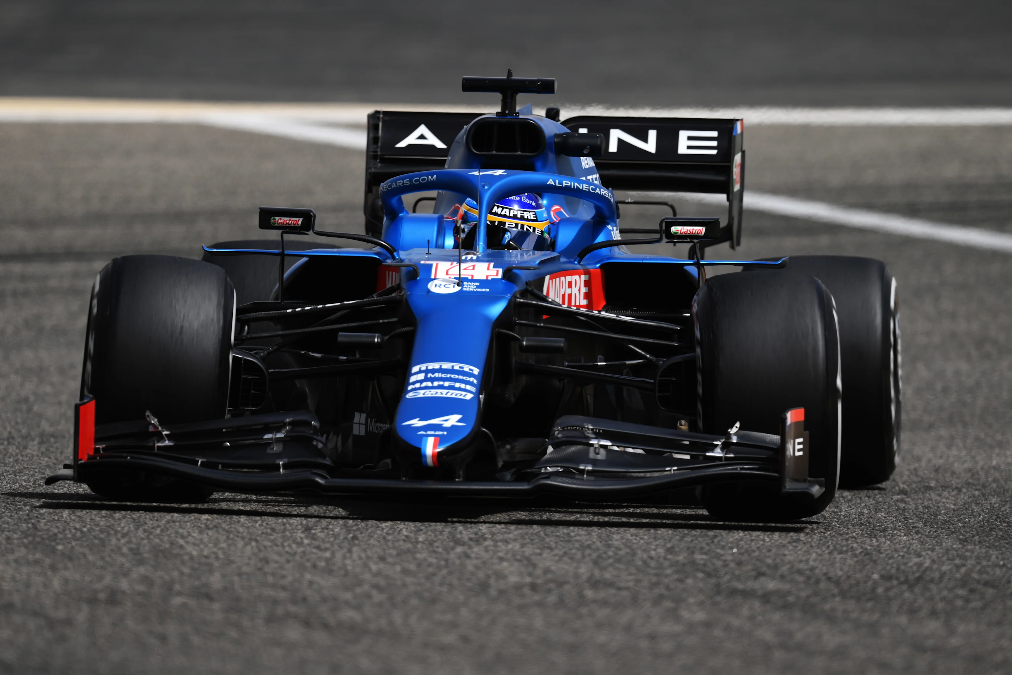 BAHRAIN, BAHRAIN - MARCH 13: Fernando Alonso of Spain driving the (14) Alpine A521 Renault on track