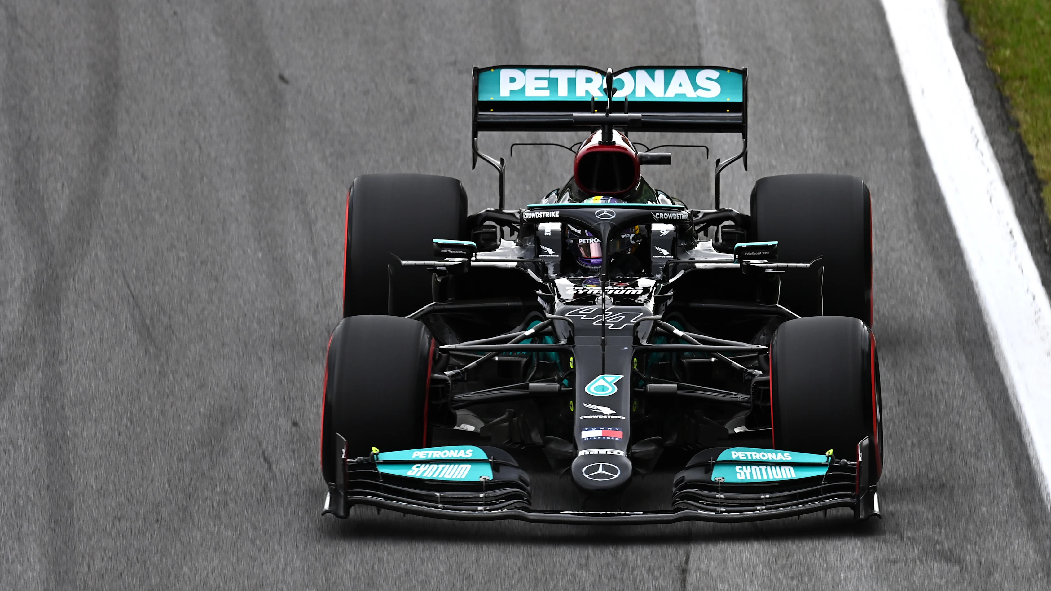 SAO PAULO, BRAZIL - NOVEMBER 12: Lewis Hamilton of Great Britain driving the (44) Mercedes AMG