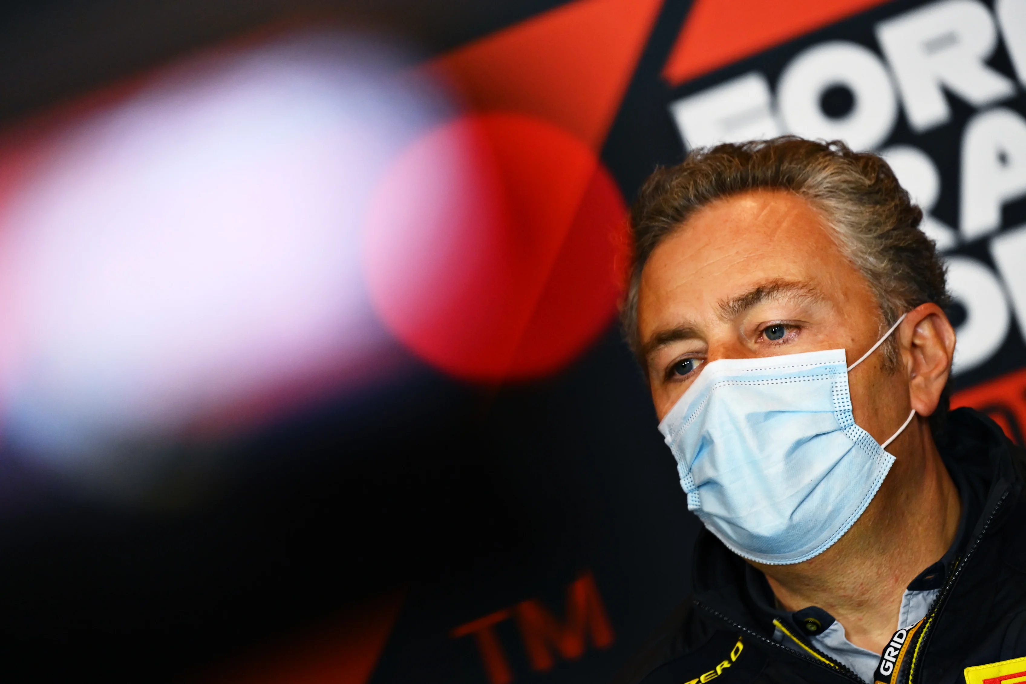 IMOLA, ITALY - APRIL 16: Director of Pirelli F1 Mario Isola talks in the Team Principals Press Conference during practice ahead of the F1 Grand Prix of Emilia Romagna at Autodromo Enzo e Dino Ferrari on April 16, 2021 in Imola, Italy. (Photo by Clive Mason/Getty Images)