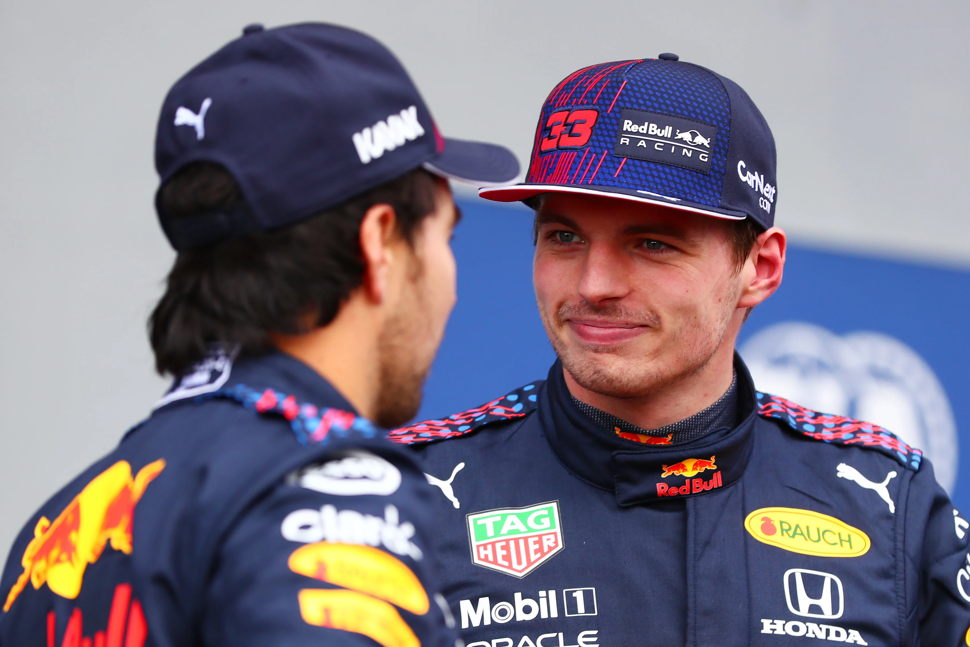 IMOLA, ITALY - APRIL 17: Max Verstappen of the Netherlands and Red Bull Racing speaks with Sergio