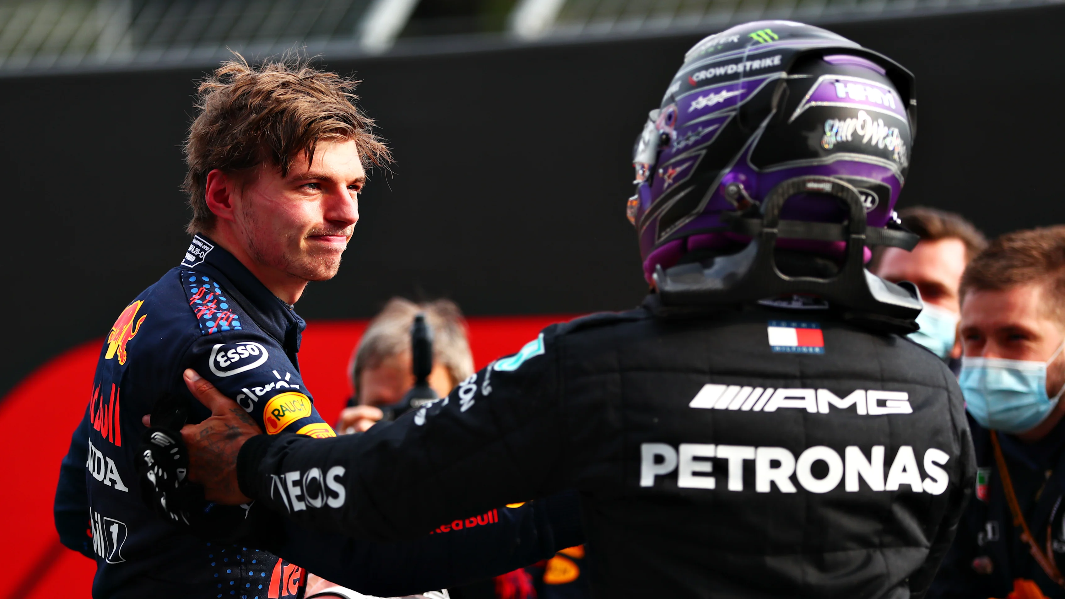 IMOLA, ITALY - APRIL 18: Race winner Max Verstappen of Netherlands and Red Bull Racing and second