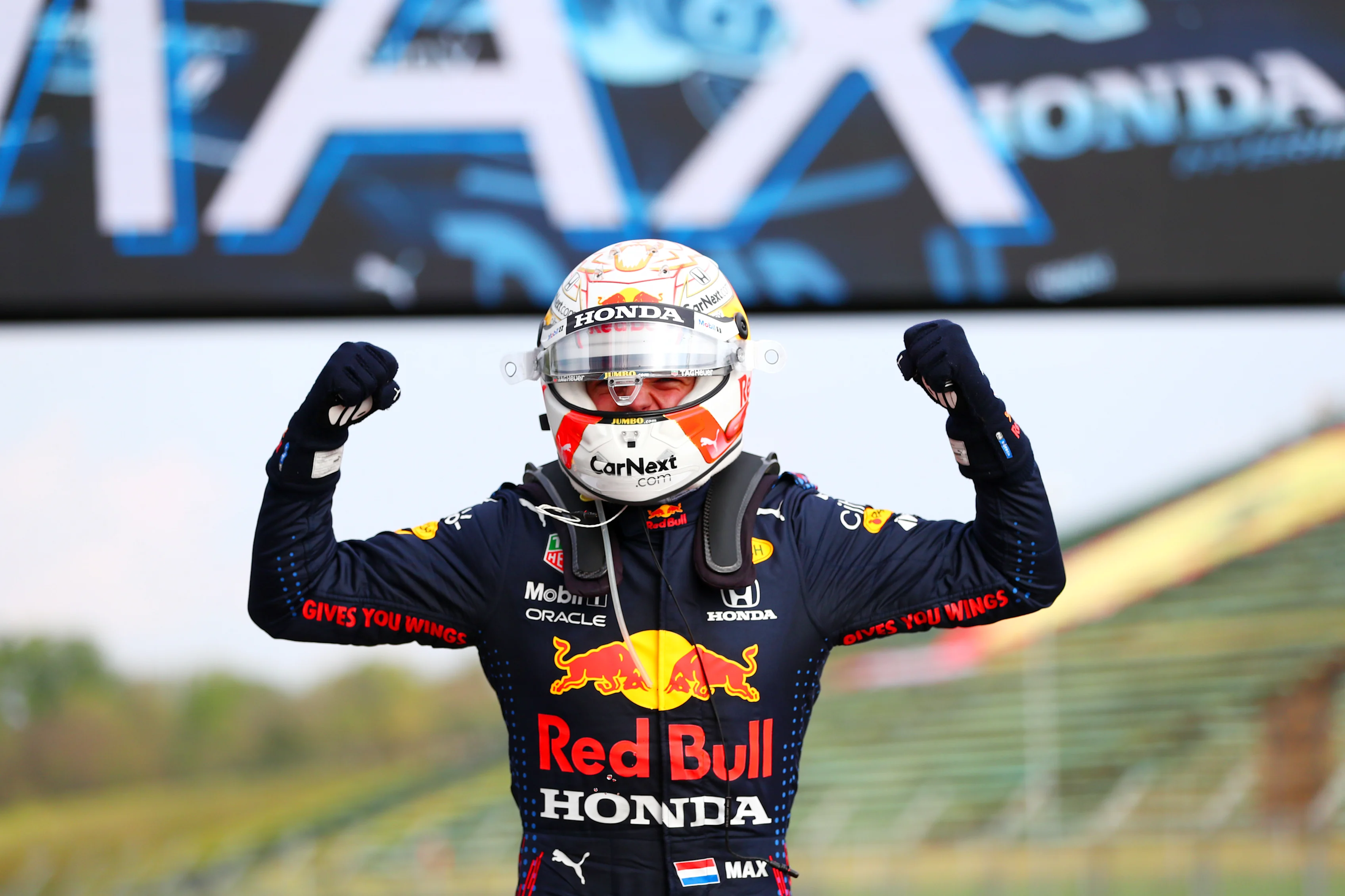 IMOLA, ITALY - APRIL 18: Max Verstappen of the Netherlands and Red Bull Racing celebrates in parc