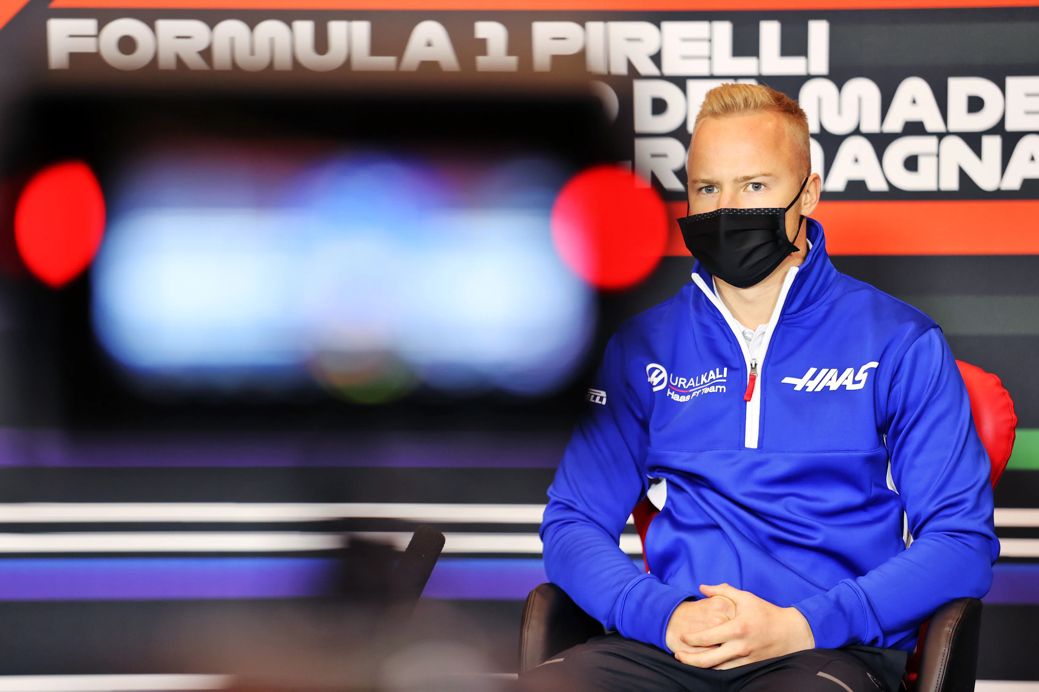 IMOLA, ITALY - APRIL 15: Nikita Mazepin of Russia and Haas F1 talks in a Drivers Press Conference