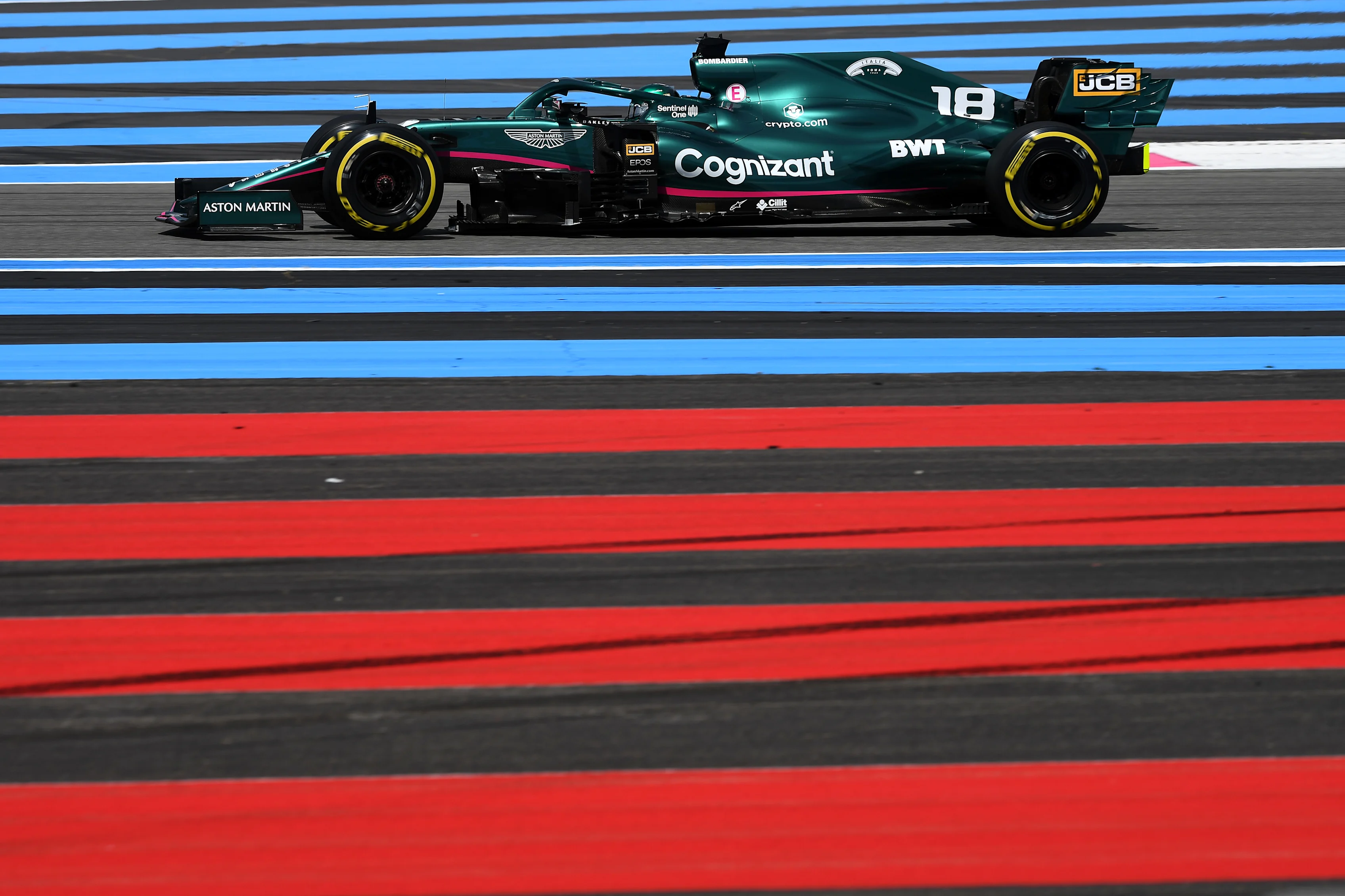 LE CASTELLET, FRANCE - JUNE 18: Lance Stroll of Canada driving the (18) Aston Martin AMR21 Mercedes on track during practice ahead of the F1 Grand Prix of France at Circuit Paul Ricard on June 18, 2021 in Le Castellet, France. (Photo by Rudy Carezzevoli/Getty Images)