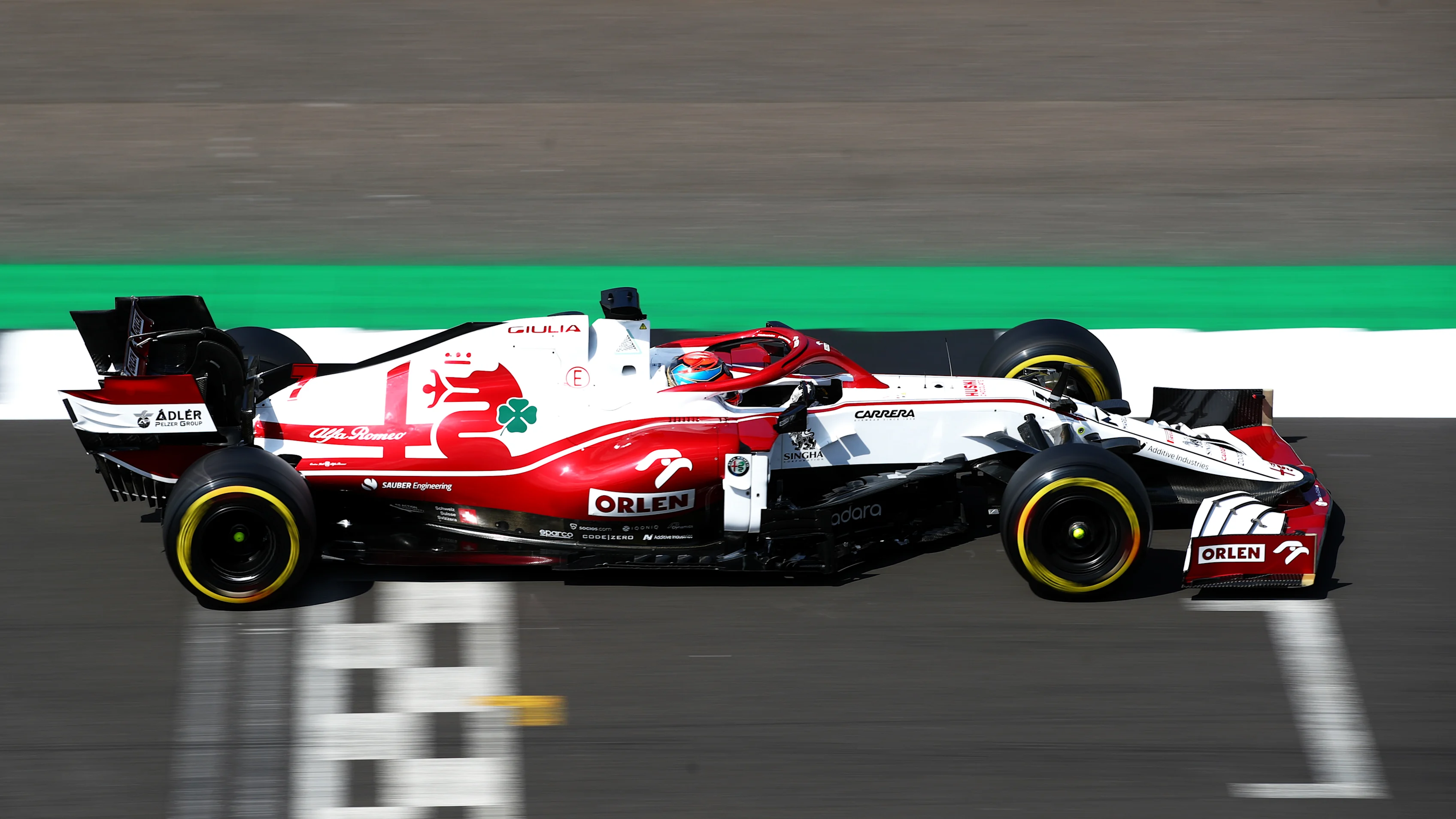 NORTHAMPTON, ENGLAND - JULY 16: Kimi Raikkonen of Finland driving the (7) Alfa Romeo Racing C41