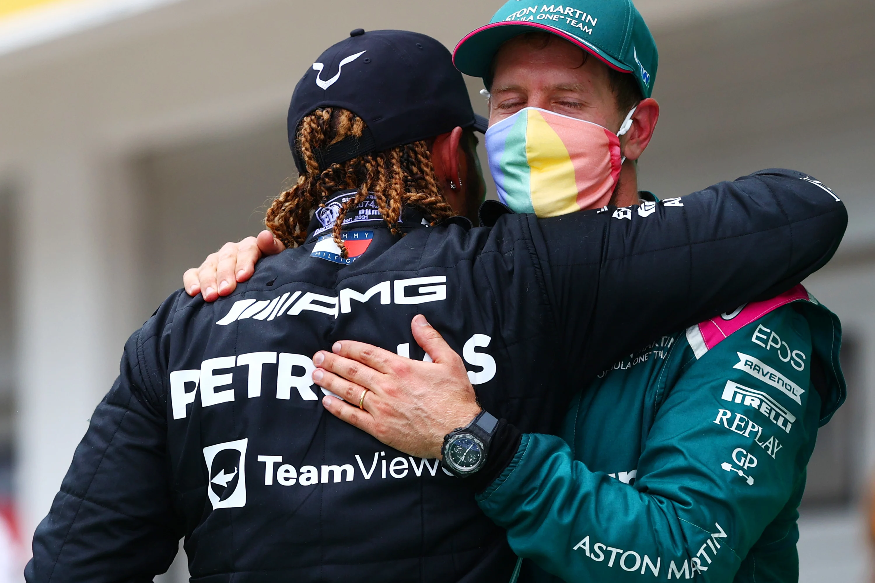 BUDAPEST, HUNGARY - AUGUST 01: Sebastian Vettel of Germany and Aston Martin embraces Lewis