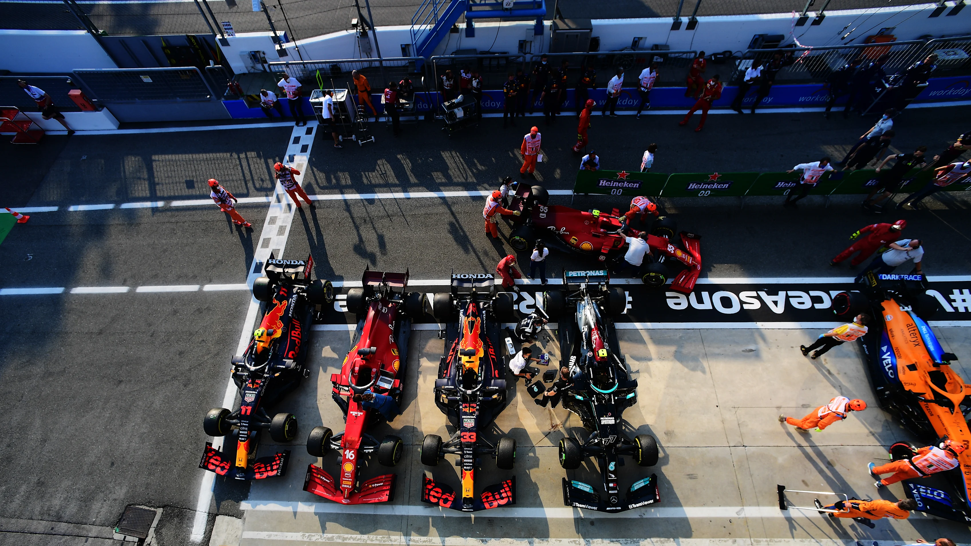 MONZA, ITALY - SEPTEMBER 11: An overhead view cars parked in parc ferme after the Sprint ahead of