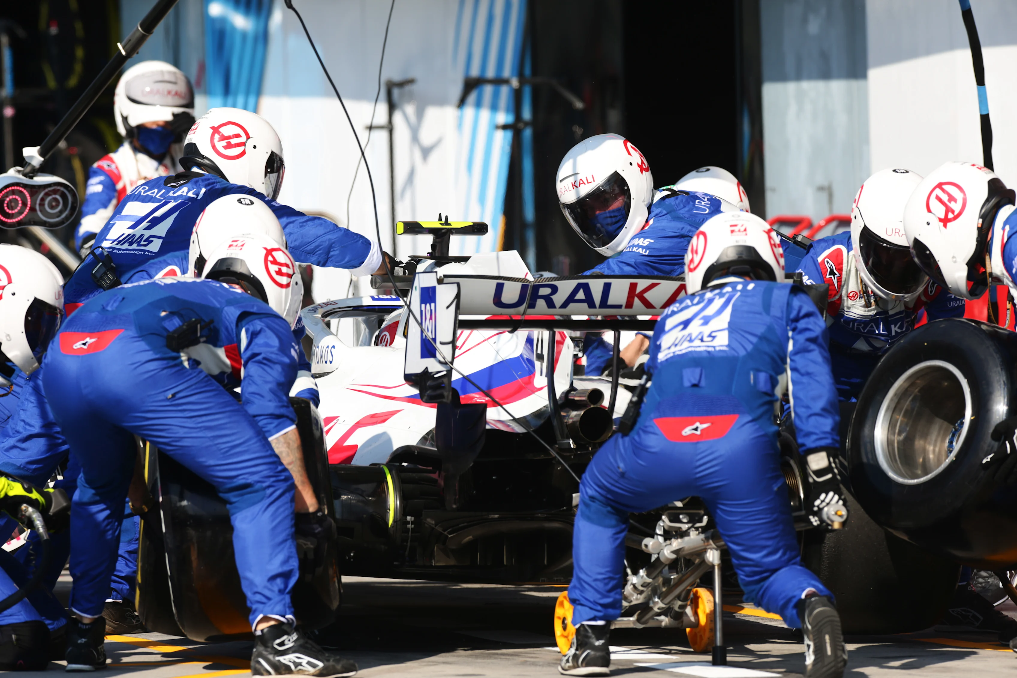 MONZA, ITALY - SEPTEMBER 12: Mick Schumacher of Germany driving the (47) Haas F1 Team VF-21 Ferrari makes a pitstop during the F1 Grand Prix of Italy at Autodromo di Monza on September 12, 2021 in Monza, Italy. (Photo by Peter Fox/Getty Images)
