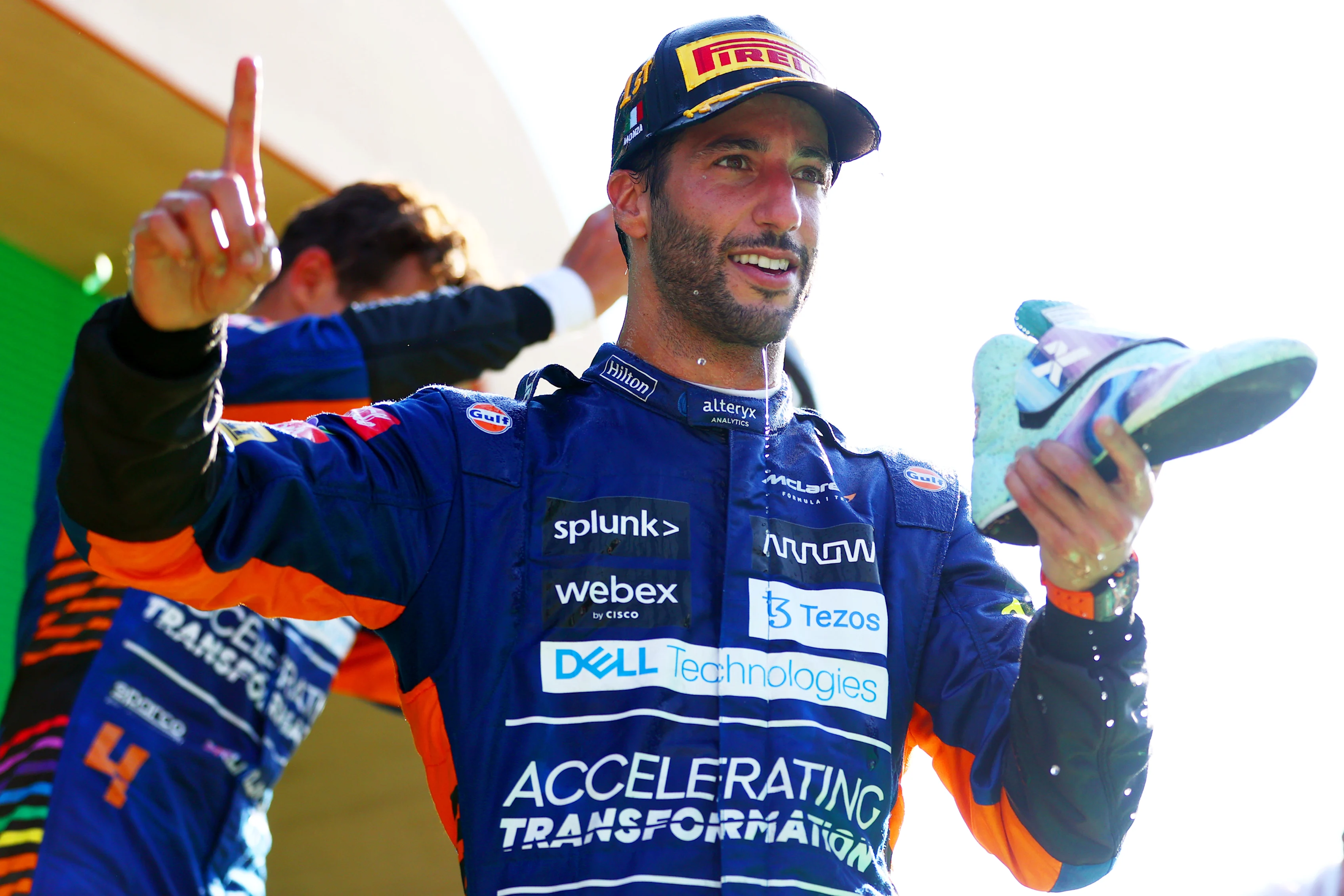 MONZA, ITALY - SEPTEMBER 12: Daniel Ricciardo of Australia and McLaren celebrates with a shoey on