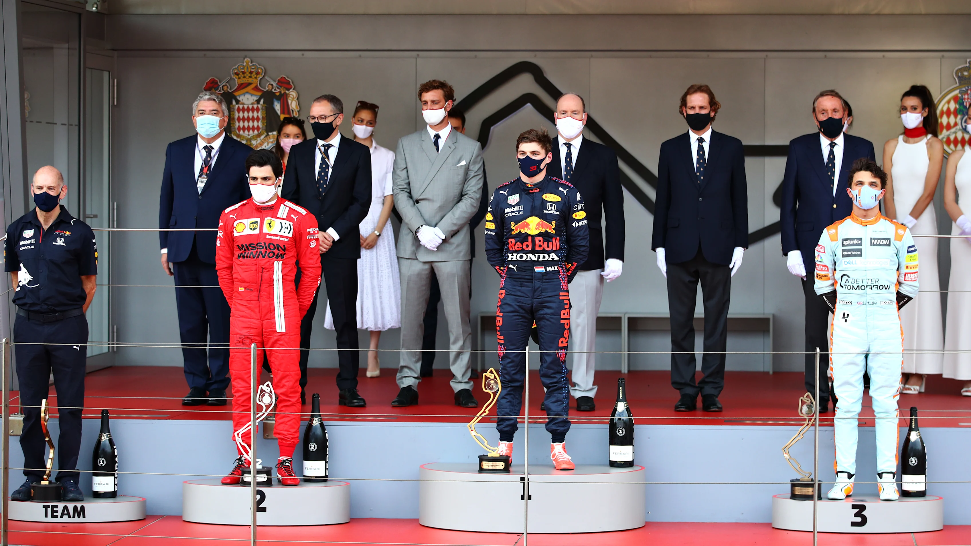 MONTE-CARLO, MONACO - MAY 23: Race winner Max Verstappen of Netherlands and Red Bull Racing, second