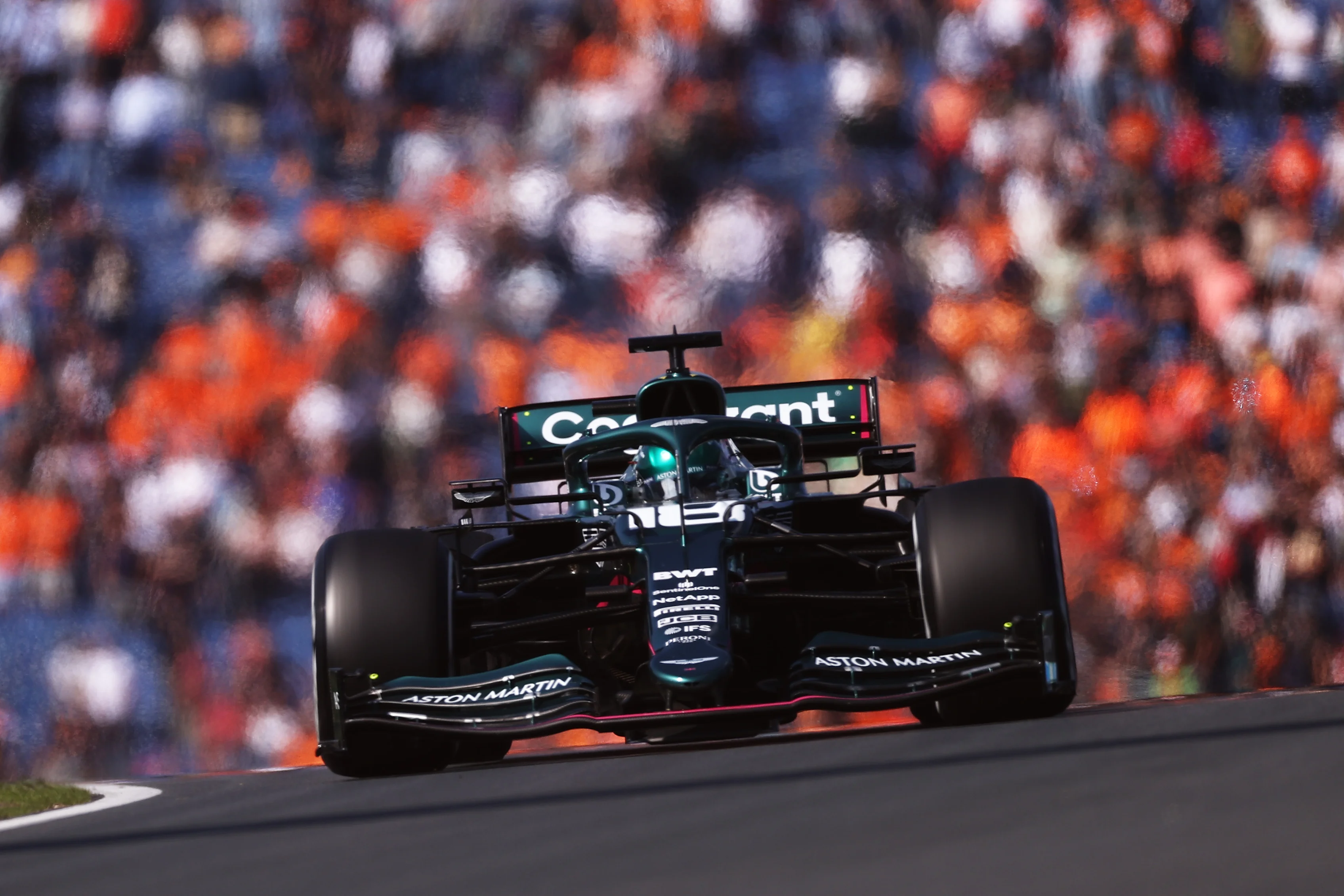 ZANDVOORT, NETHERLANDS - SEPTEMBER 03: Lance Stroll of Canada driving the (18) Aston Martin AMR21 Mercedes during practice ahead of the F1 Grand Prix of The Netherlands at Circuit Zandvoort on September 03, 2021 in Zandvoort, Netherlands. (Photo by Lars Baron/Getty Images)