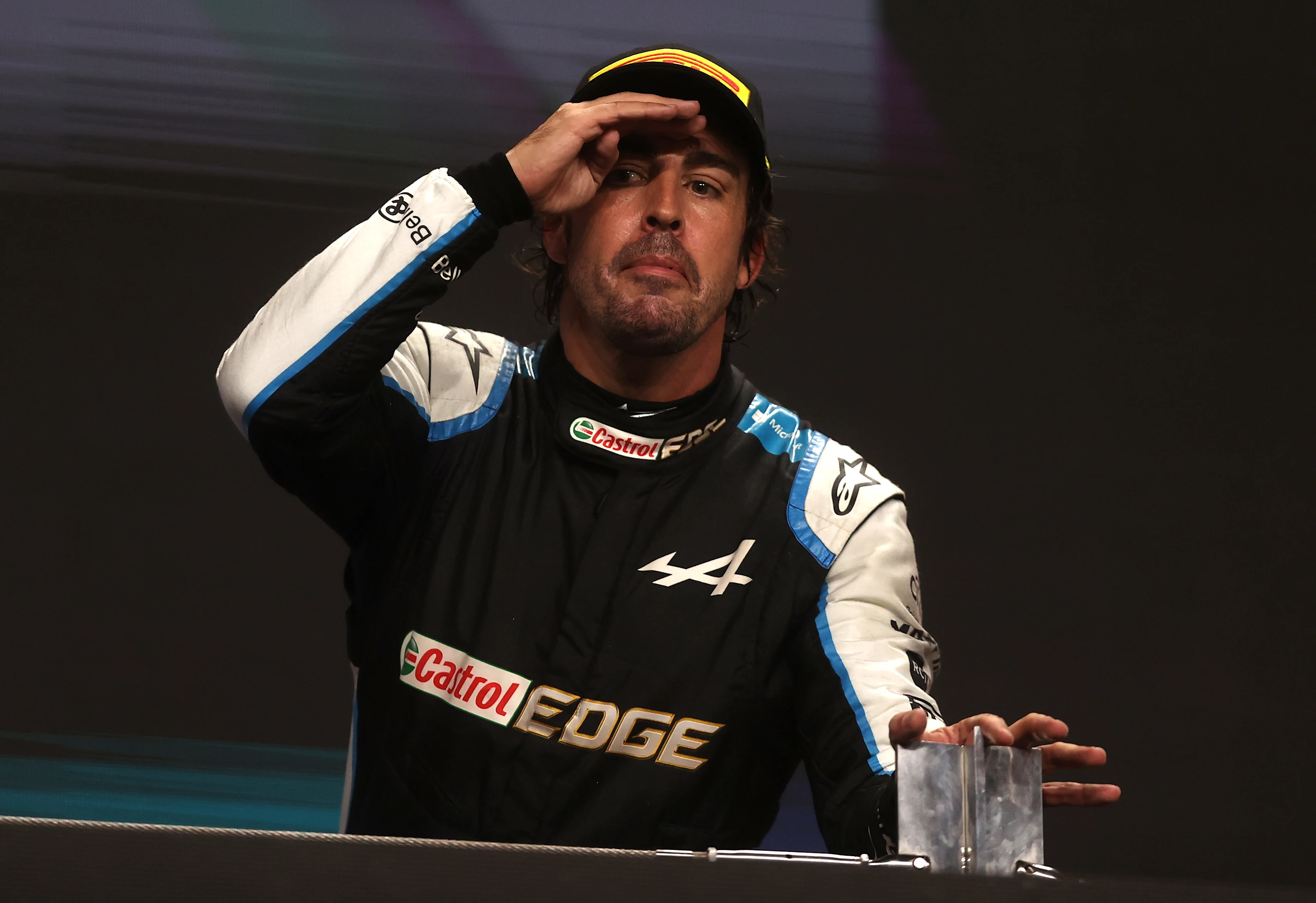 DOHA, QATAR - NOVEMBER 21: Third placed Fernando Alonso of Spain and Alpine F1 Team celebrates on the podium during the F1 Grand Prix of Qatar at Losail International Circuit on November 21, 2021 in Doha, Qatar. (Photo by Lars Baron/Getty Images)