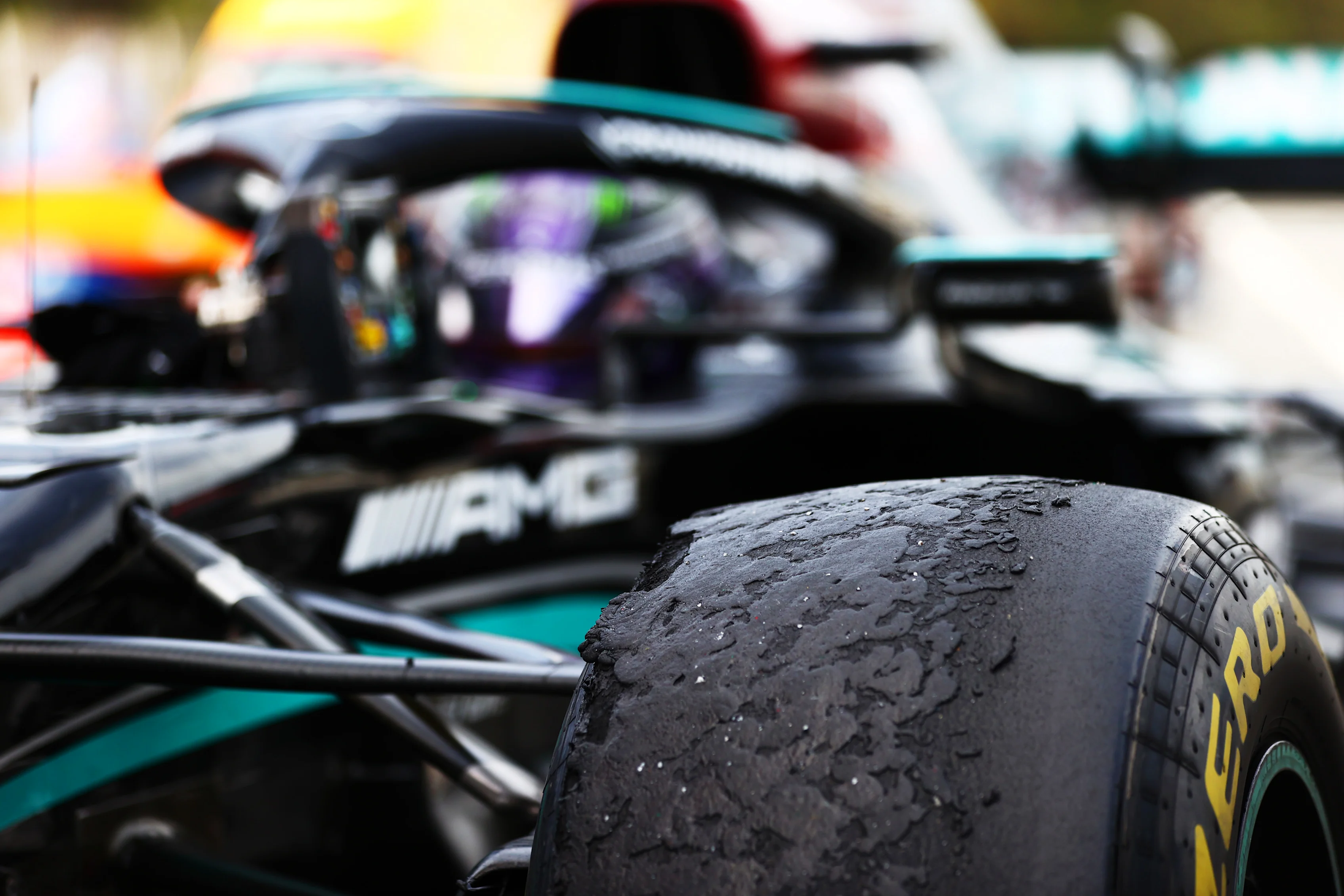 BARCELONA, SPAIN - MAY 09: A detail view of a tyre on the car of Lewis Hamilton of Great Britain