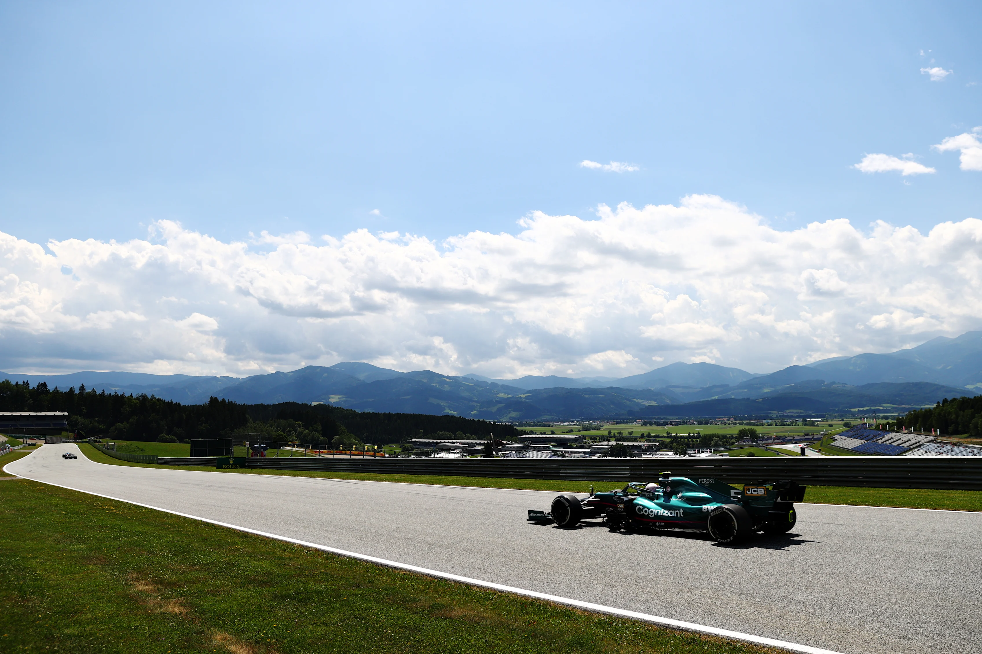SPIELBERG, AUSTRIA - JUNE 25: Sebastian Vettel of Germany driving the (5) Aston Martin AMR21 Mercedes on track during practice ahead of the F1 Grand Prix of Styria at Red Bull Ring on June 25, 2021 in Spielberg, Austria. (Photo by Clive Rose/Getty Images)