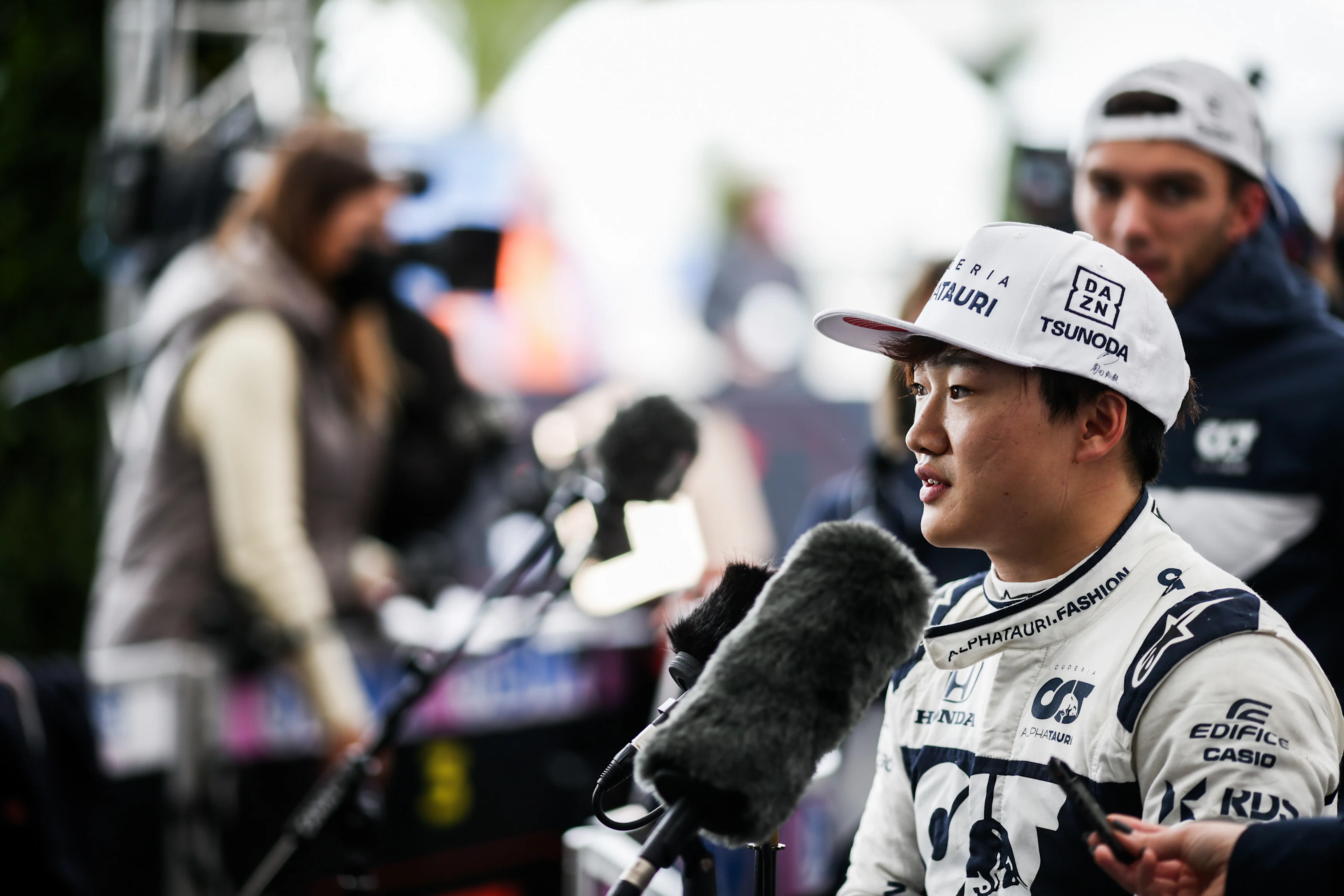 ISTANBUL, TURKEY - OCTOBER 09: Yuki Tsunoda of Scuderia AlphaTauri and Japan talking to the media  during qualifying ahead of the F1 Grand Prix of Turkey at Intercity Istanbul Park on October 09, 2021 in Istanbul, Turkey. (Photo by Peter Fox/Getty Images)