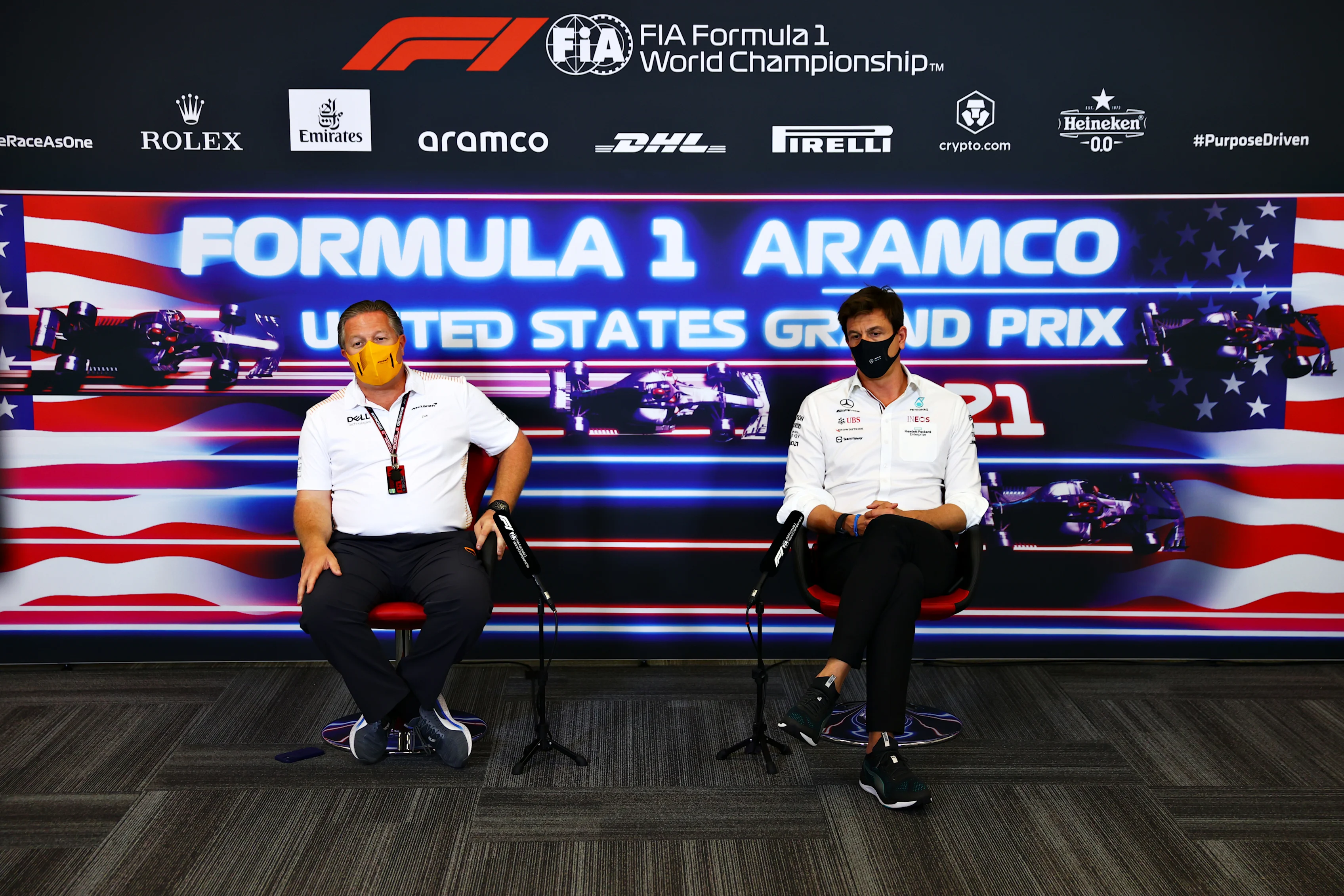 AUSTIN, TEXAS - OCTOBER 22: McLaren Chief Executive Officer Zak Brown and Mercedes GP Executive